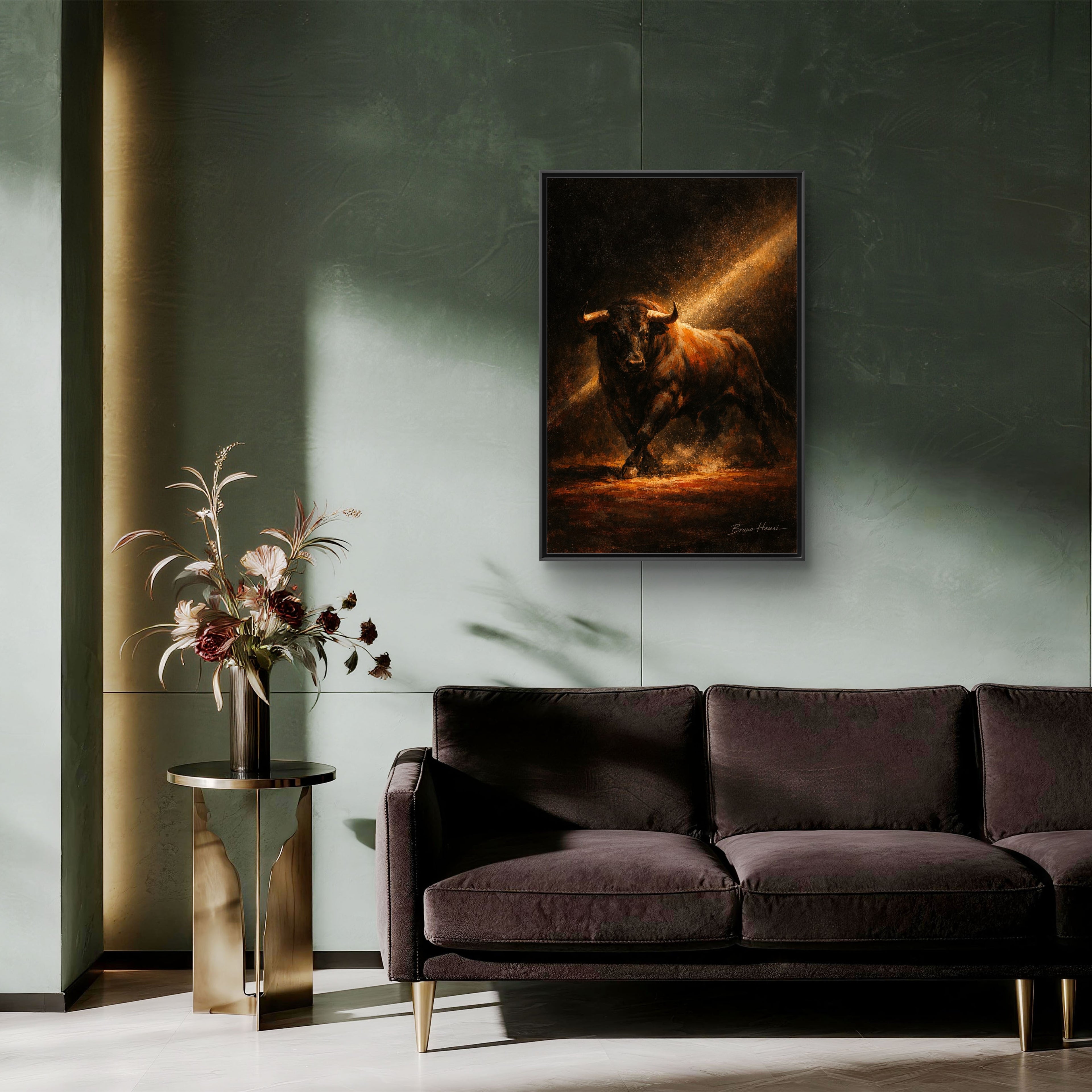 Framed Matte Canvas Art - Dramatic Charging Bull Painting