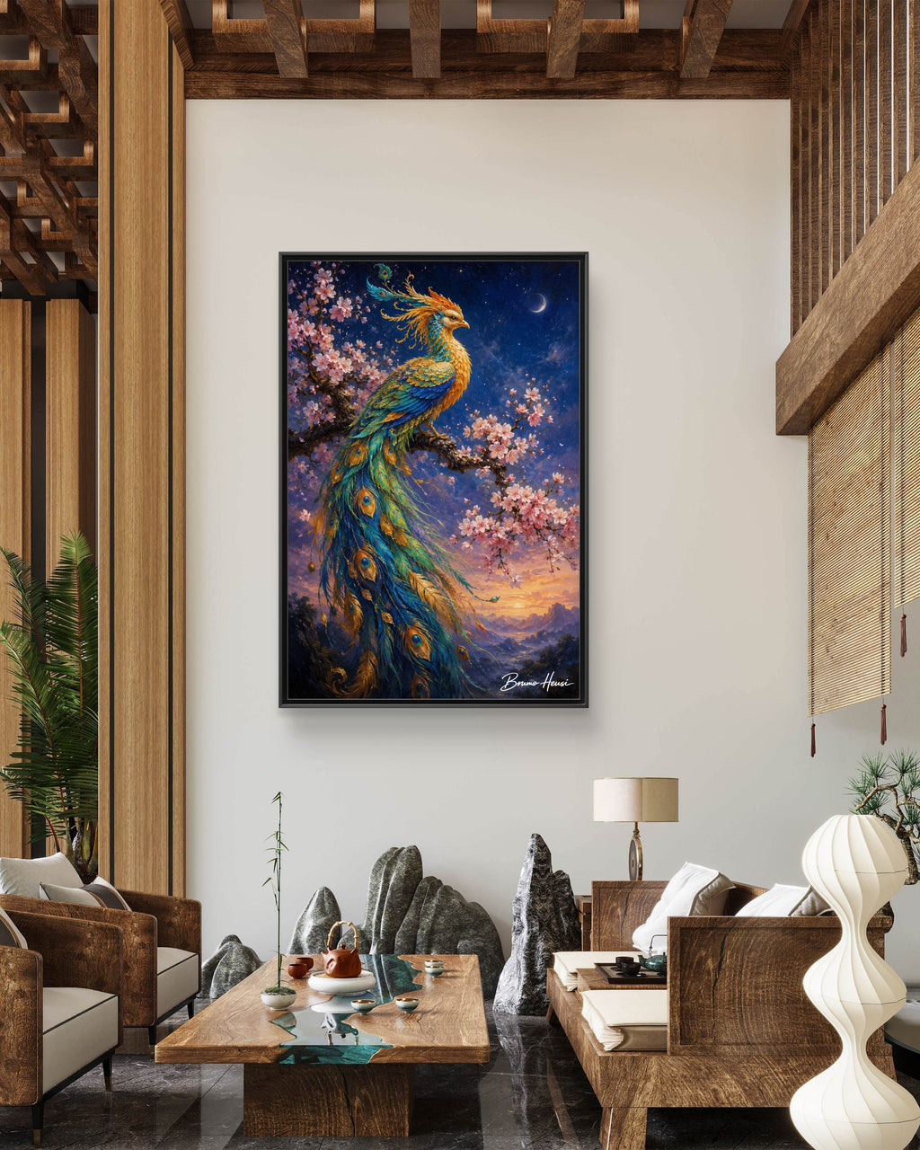 Framed Peacock Canvas Wall Art — Vibrant Fantasy Bird Print