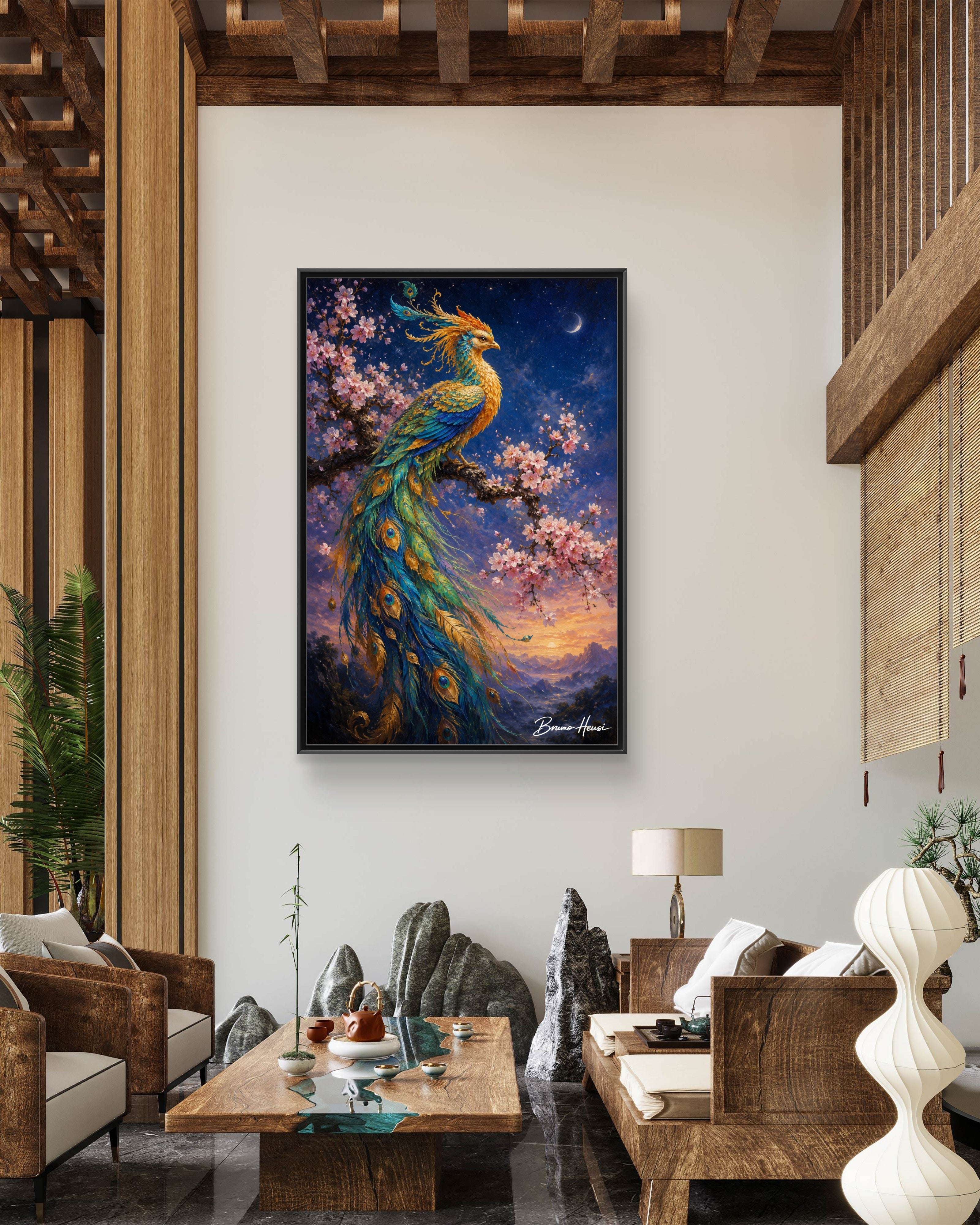 Framed Peacock Canvas Wall Art — Vibrant Fantasy Bird Print