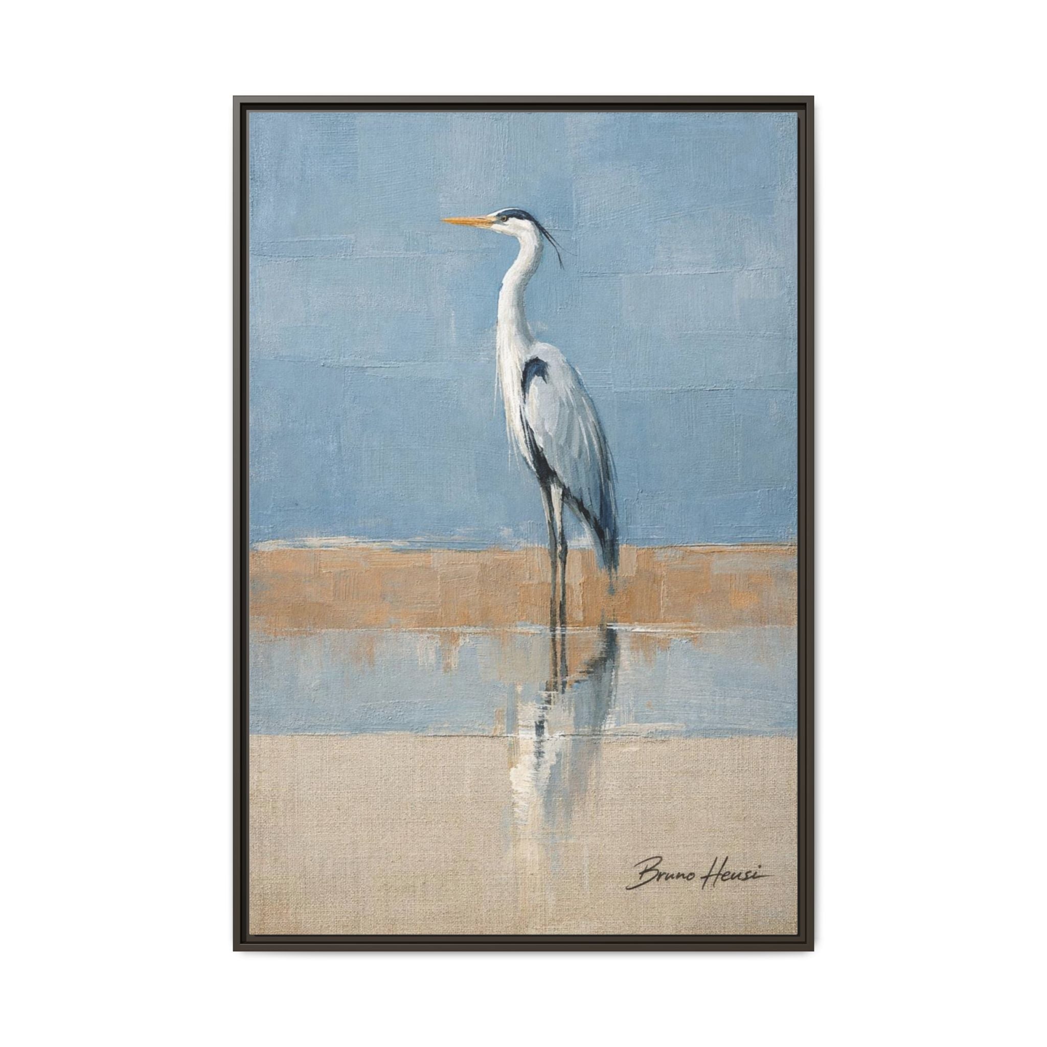 Framed Heron Canvas Art – Coastal Shorebird Wall Decor