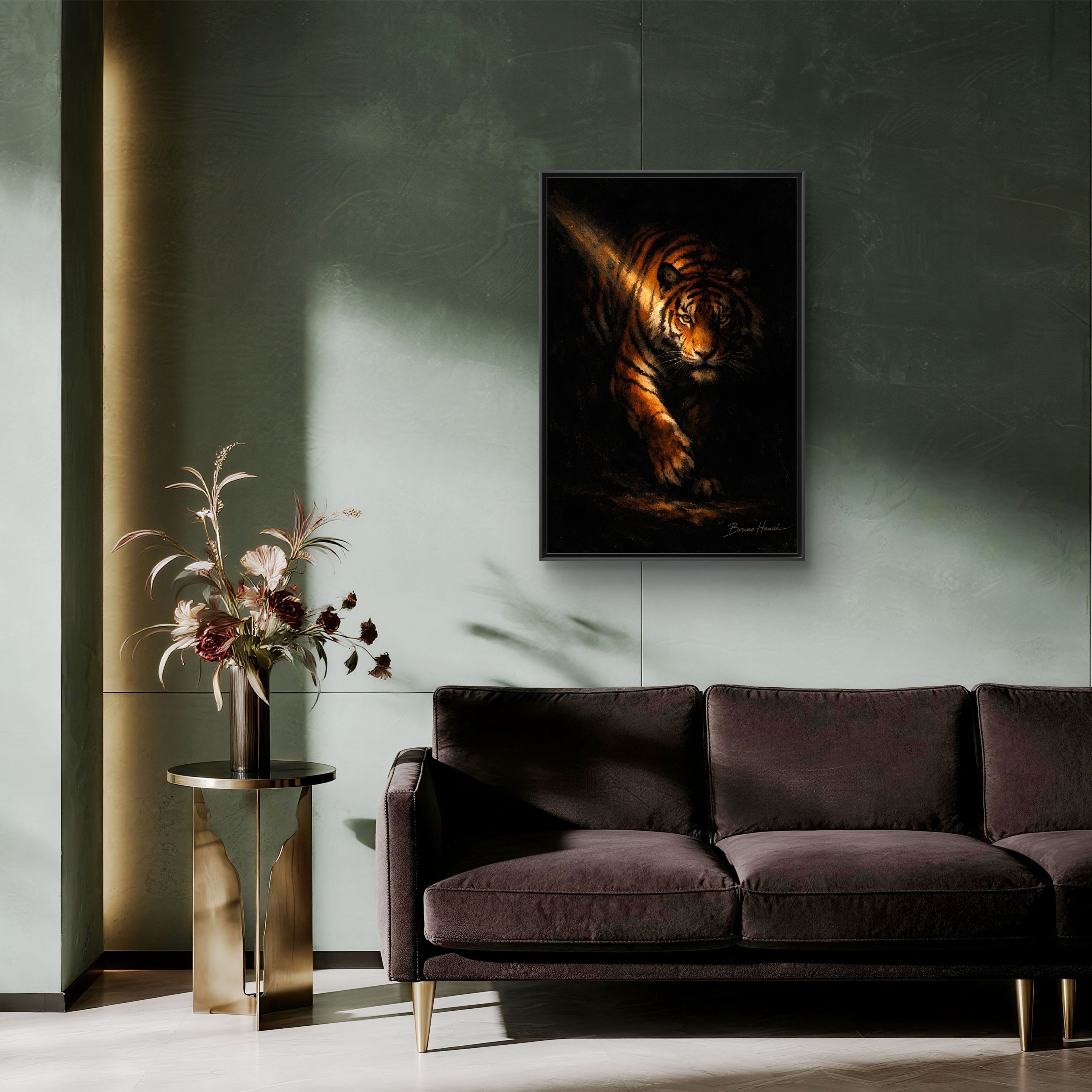 Tiger in the Shadows Matte Framed Canvas Print — Dramatic Wildlife Wall Art