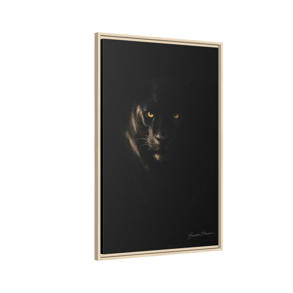 Framed Matte Canvas - Black Panther Wall Art with Golden Eyes