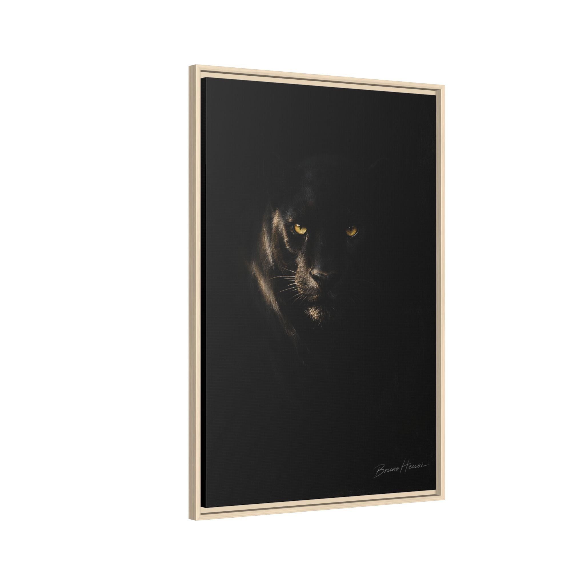 Framed Matte Canvas - Black Panther Wall Art with Golden Eyes