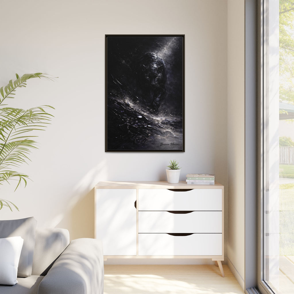 Cosmic Black Panther Matte Framed Canvas – Dark Abstract Wildlife Wall Art