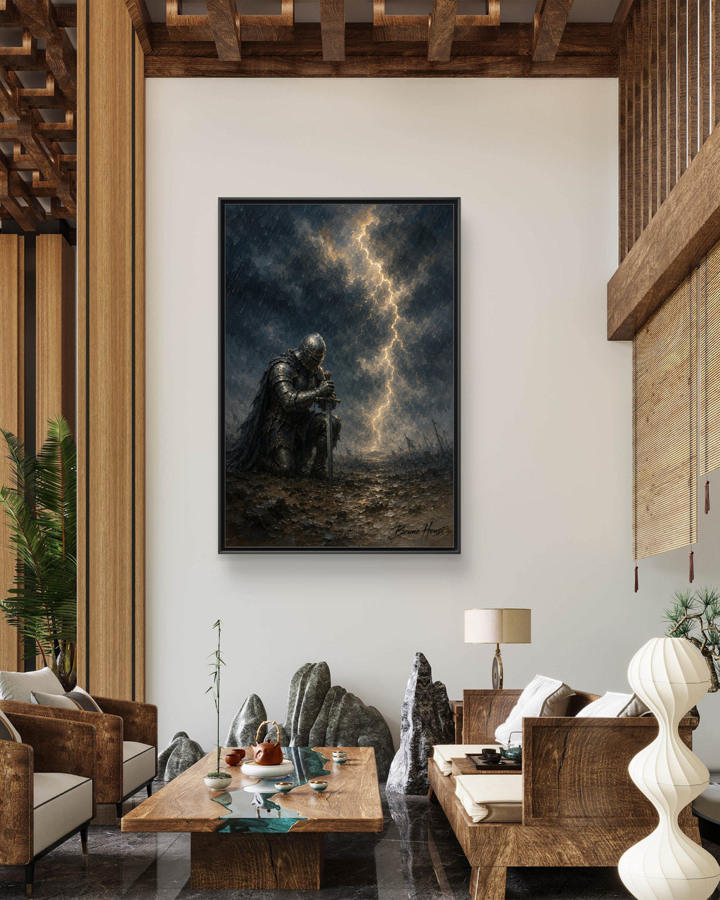 Knight in Thunderstorm Matte Framed Canvas — Dark Fantasy Wall Art