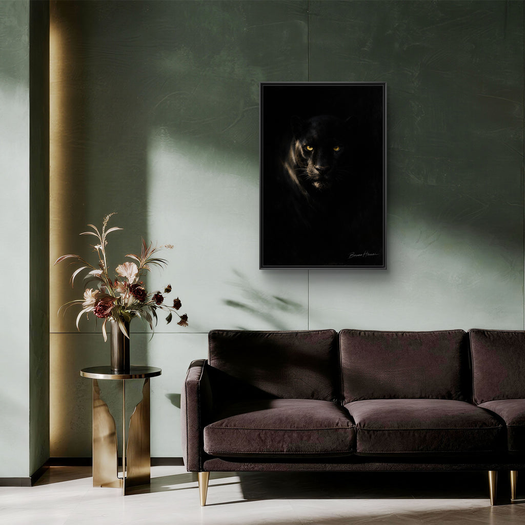 Framed Matte Canvas - Black Panther Wall Art with Golden Eyes