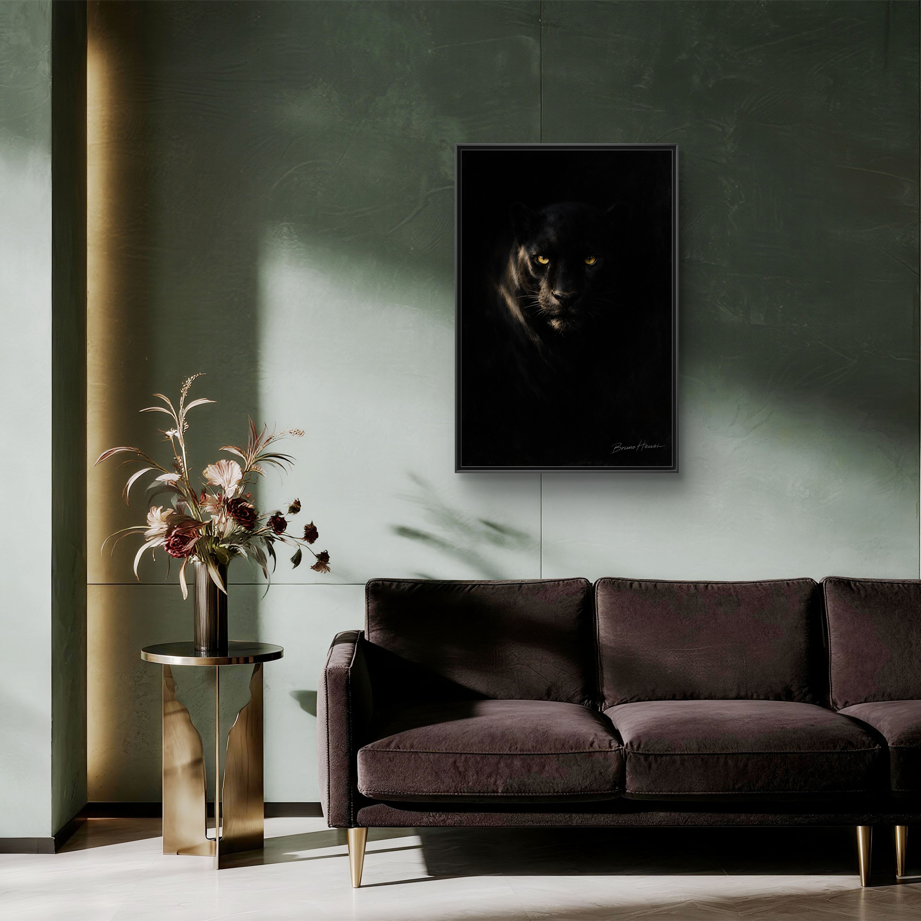Framed Matte Canvas - Black Panther Wall Art with Golden Eyes