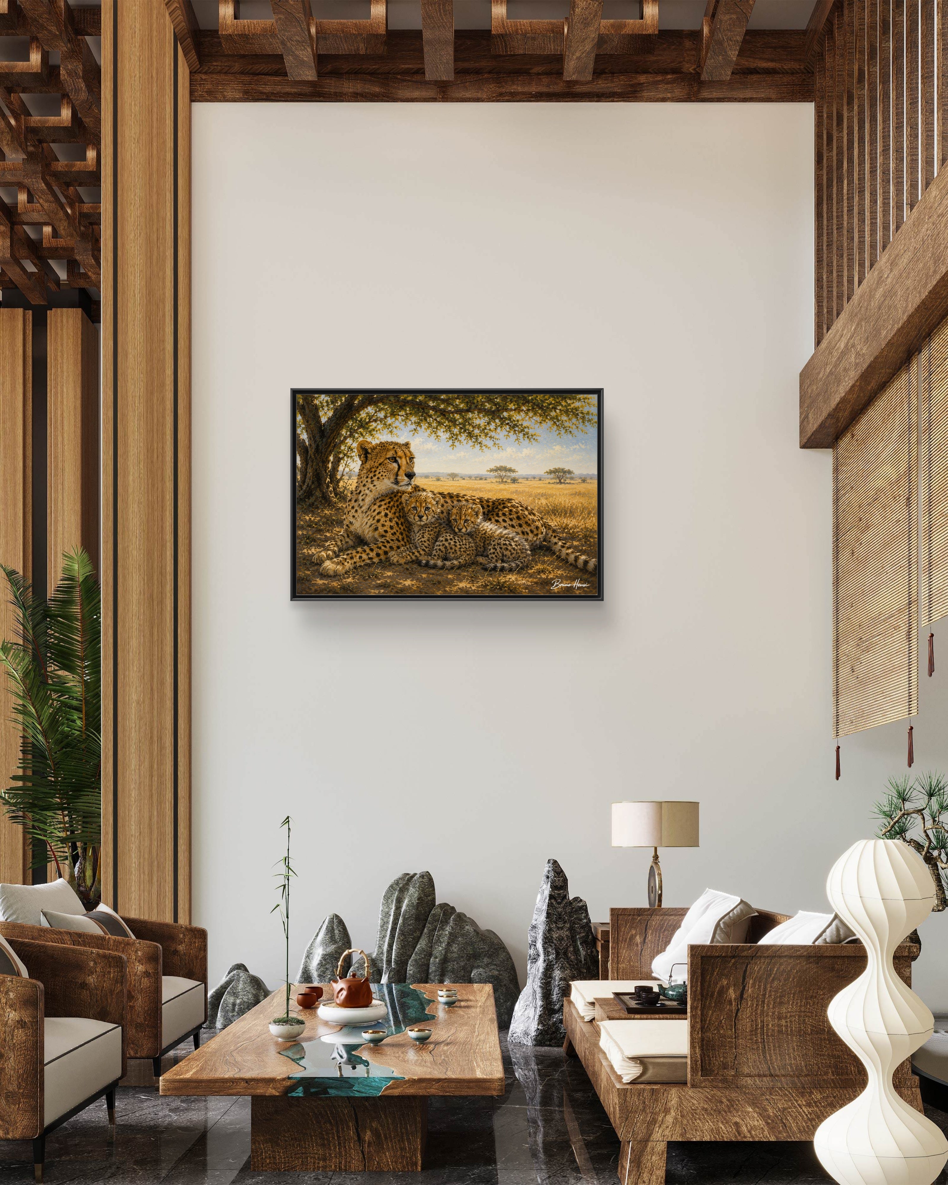 Cheetah Mother & Cubs Framed Canvas Wall Art – African Wildlife Safari Print