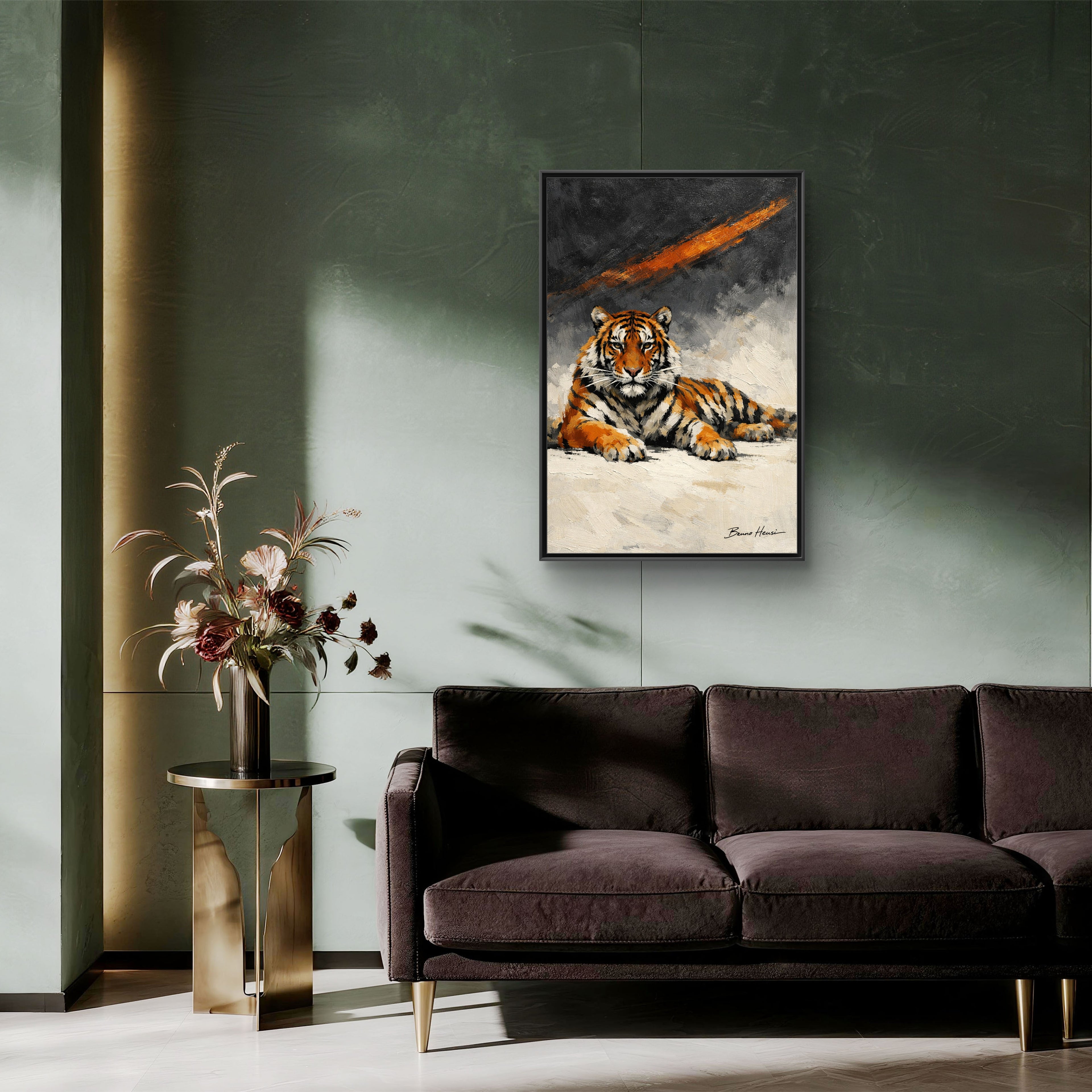 Framed Tiger Canvas Wall Art — Majestic Orange & Gray Matte Print