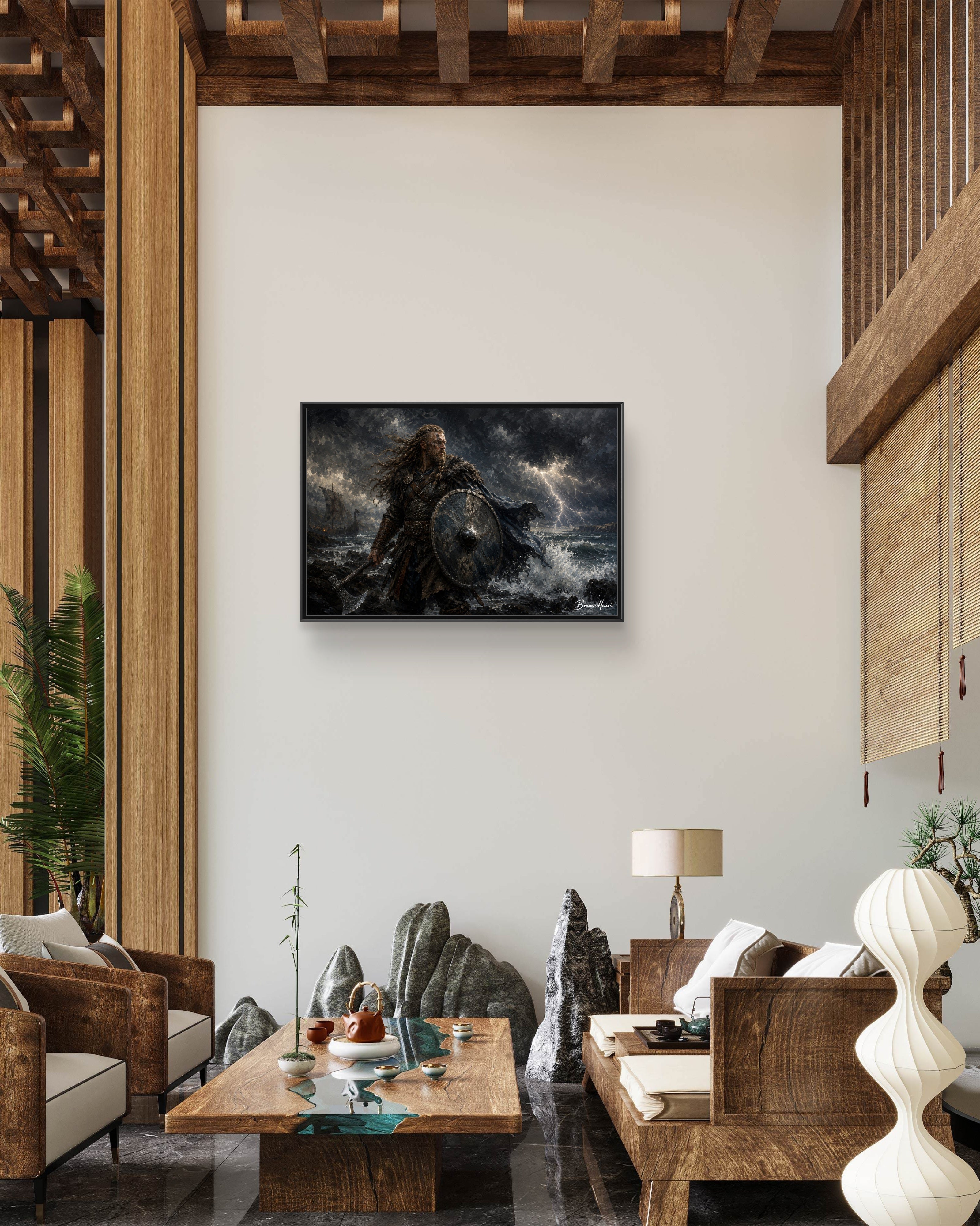 Viking Warrior Matte Framed Canvas Print — Stormy Norse Shield and Axe Wall Art