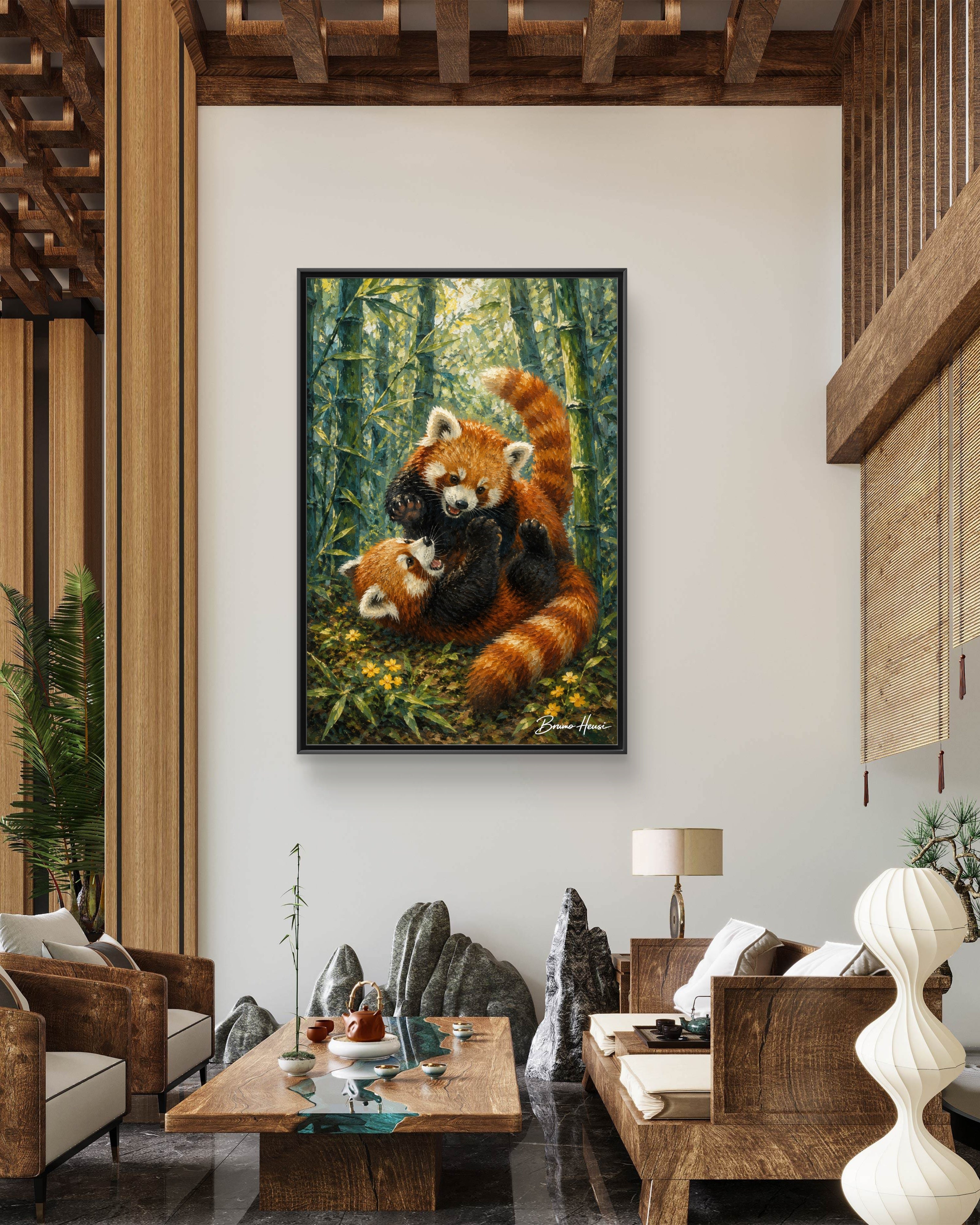 Red Panda Playtime Framed Canvas Wall Art — Playful Wildlife Print