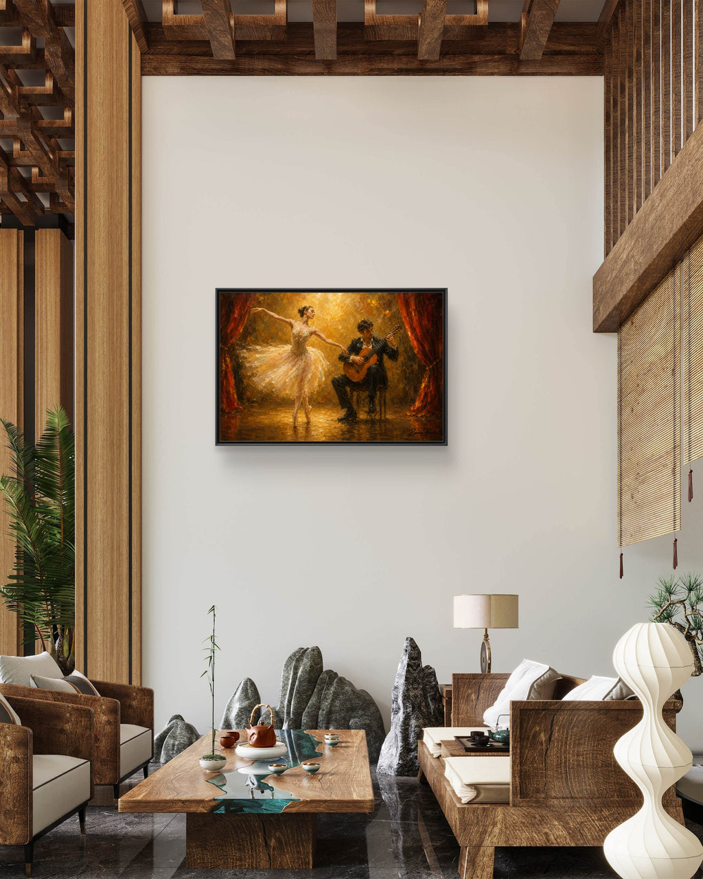 Ballet Dancer & Guitarist Framed Canvas Wall Art — Oil-Style Performance Print