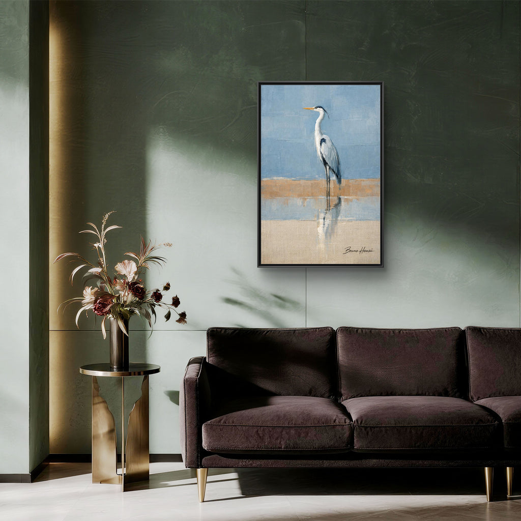 Framed Heron Canvas Art – Coastal Shorebird Wall Decor