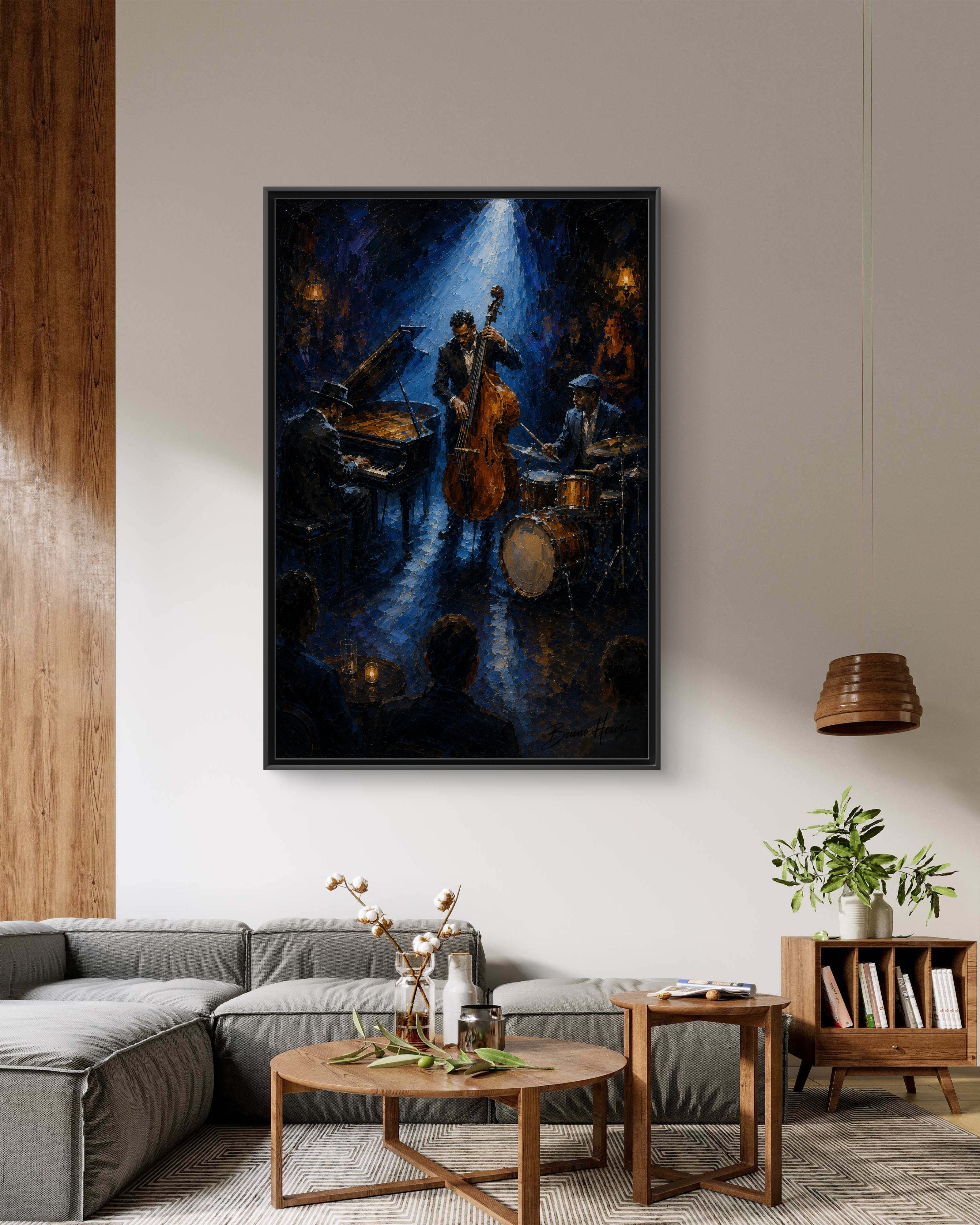 Framed Jazz Quartet Canvas Wall Art – Moody Blue Music Scene