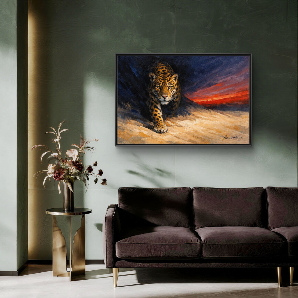 Framed Jaguar Canvas Art – Majestic Big Cat Painting with Sunset Sky