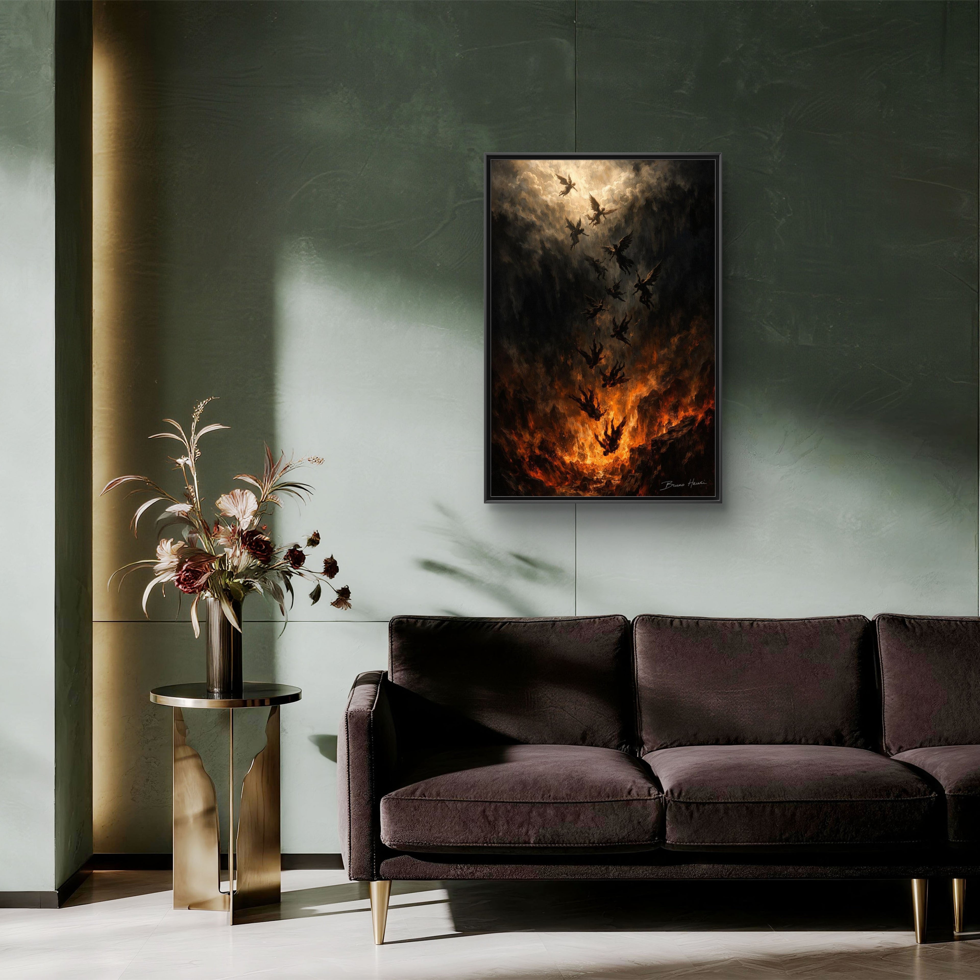 Falling Angels Matte Framed Canvas Print — Dark Fantasy Wall Art