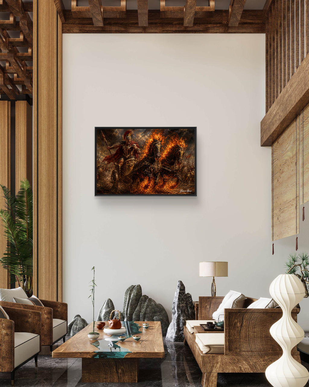 Flaming Chariot Framed Canvas Wall Art — Mythic Warrior Matte Print