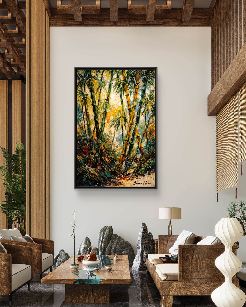 Framed Bamboo Forest Canvas Print – Matte Multi‑Color Wall Art