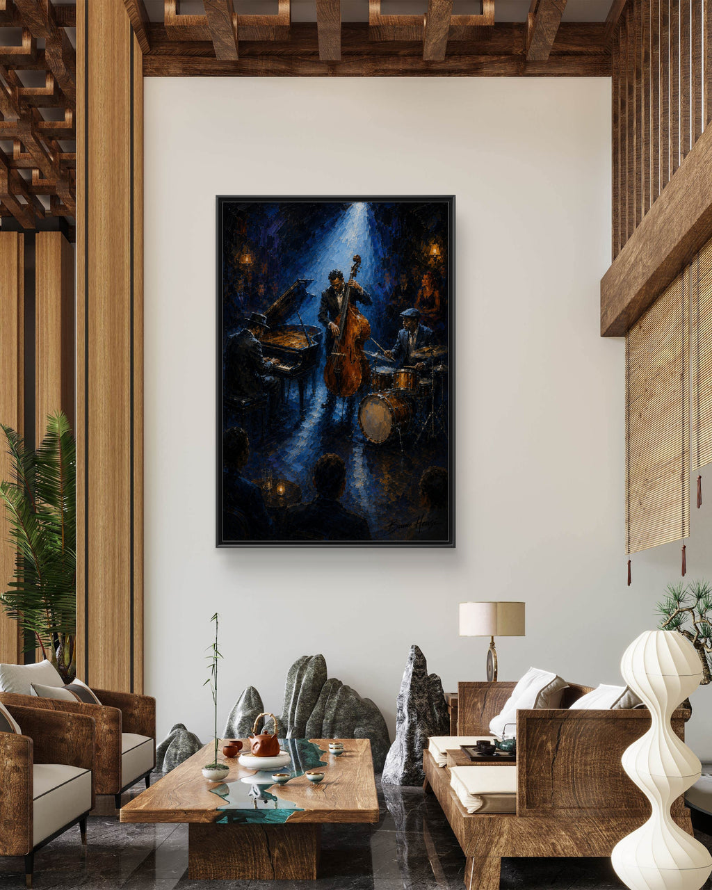 Framed Jazz Quartet Canvas Wall Art – Moody Blue Music Scene