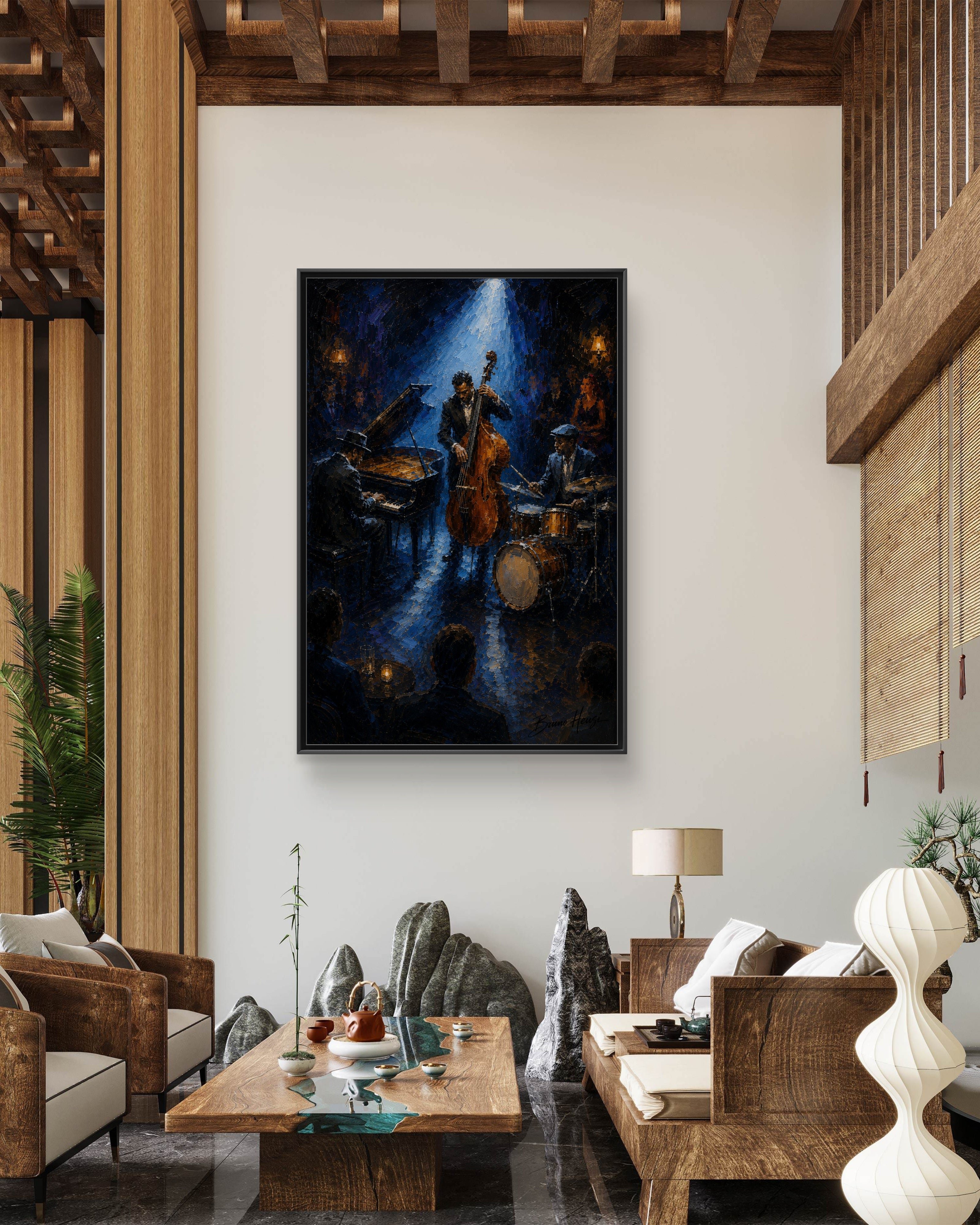 Framed Jazz Quartet Canvas Wall Art – Moody Blue Music Scene