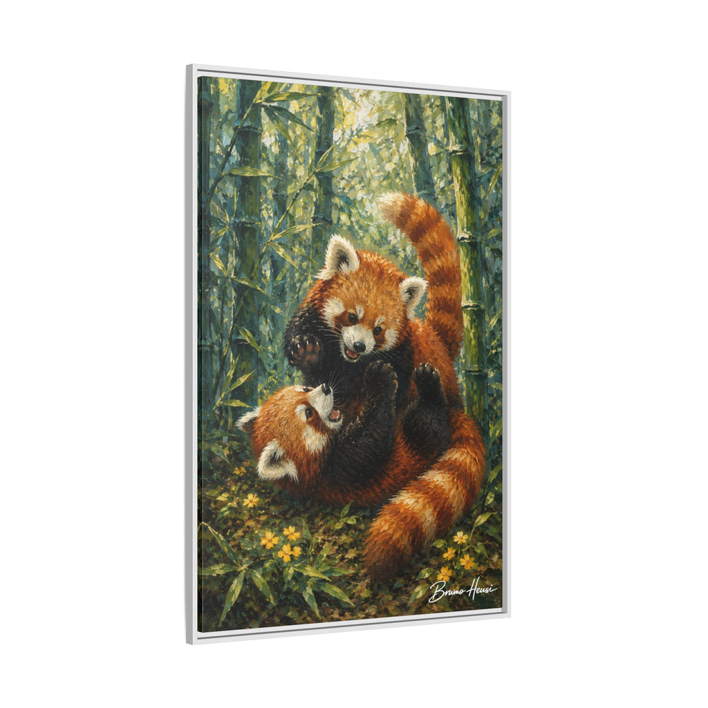 Red Panda Playtime Framed Canvas Wall Art — Playful Wildlife Print