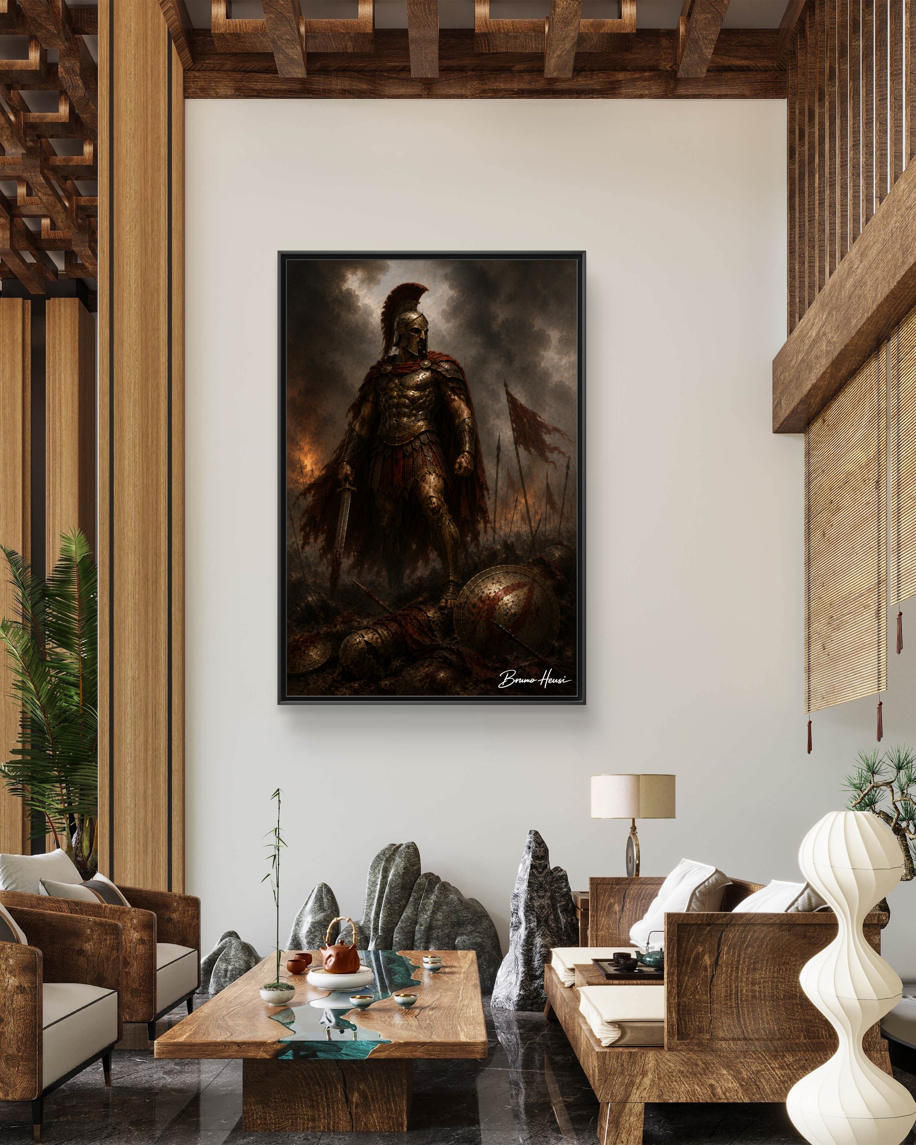 Framed Spartan Warrior Matte Canvas Print – Dramatic Ancient Battle Wall Art
