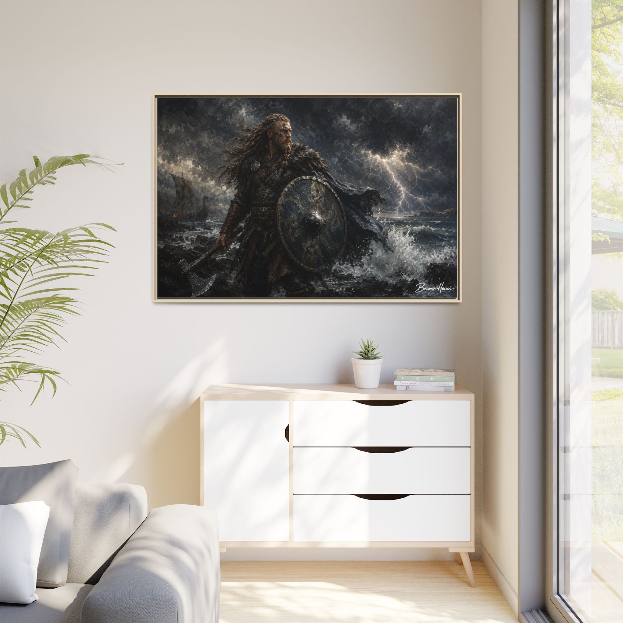 Viking Warrior Matte Framed Canvas Print — Stormy Norse Shield and Axe Wall Art