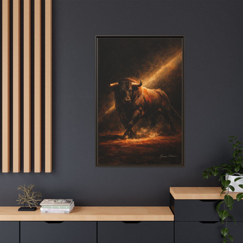 Framed Matte Canvas Art - Dramatic Charging Bull Painting