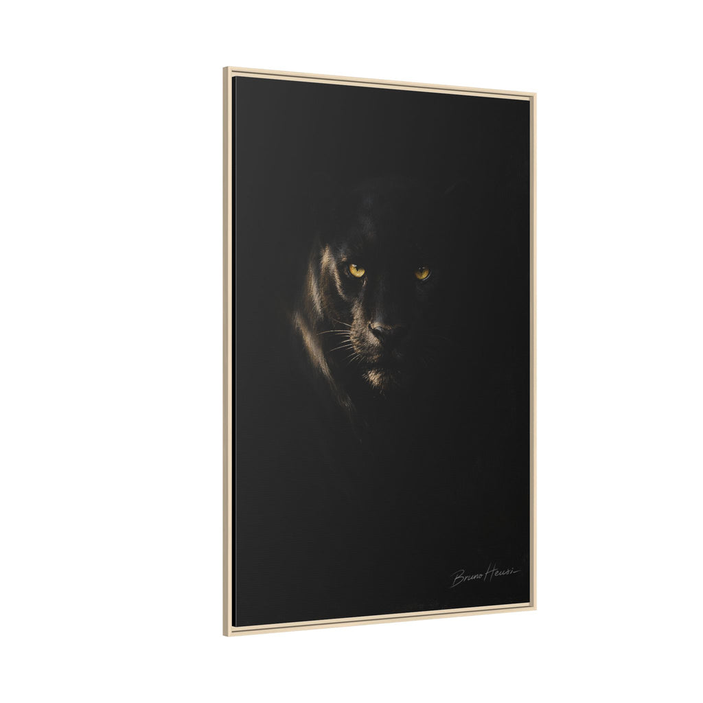 Framed Matte Canvas - Black Panther Wall Art with Golden Eyes
