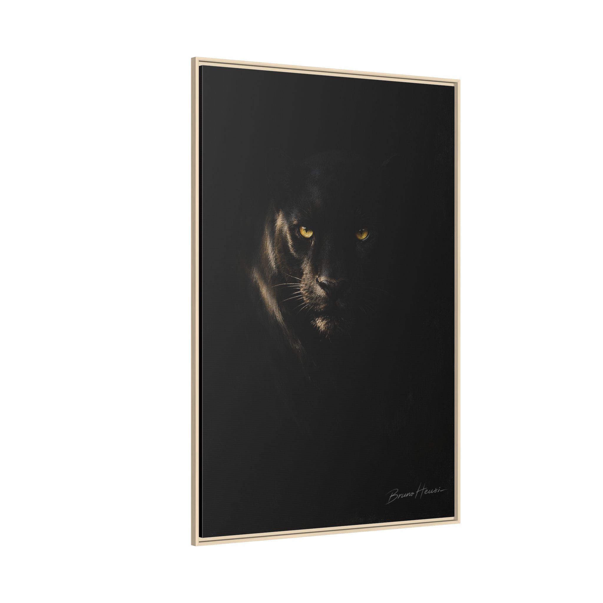 Framed Matte Canvas - Black Panther Wall Art with Golden Eyes