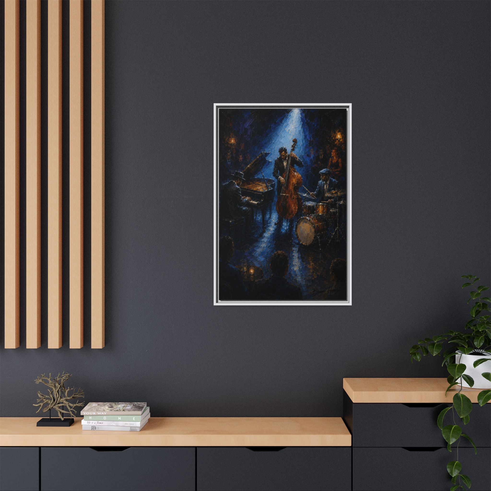 Framed Jazz Quartet Canvas Wall Art – Moody Blue Music Scene
