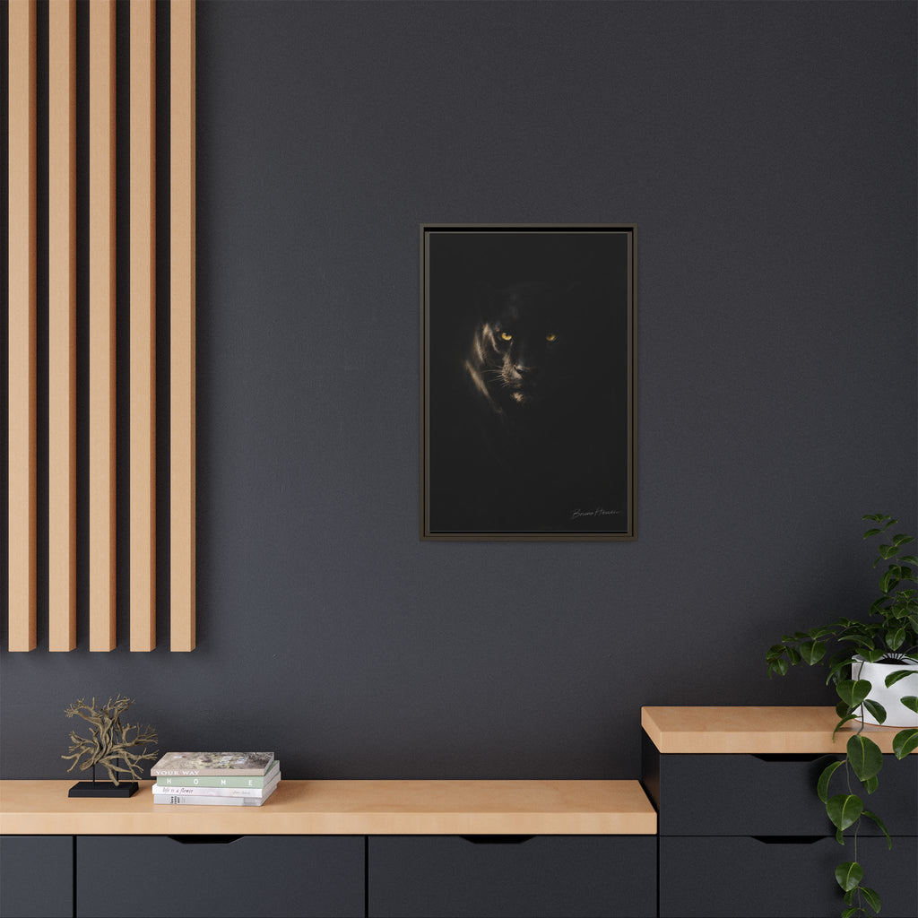 Framed Matte Canvas - Black Panther Wall Art with Golden Eyes