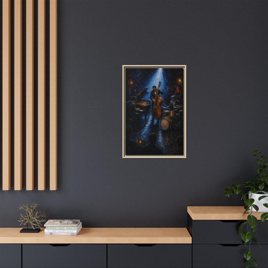 Framed Jazz Quartet Canvas Wall Art – Moody Blue Music Scene