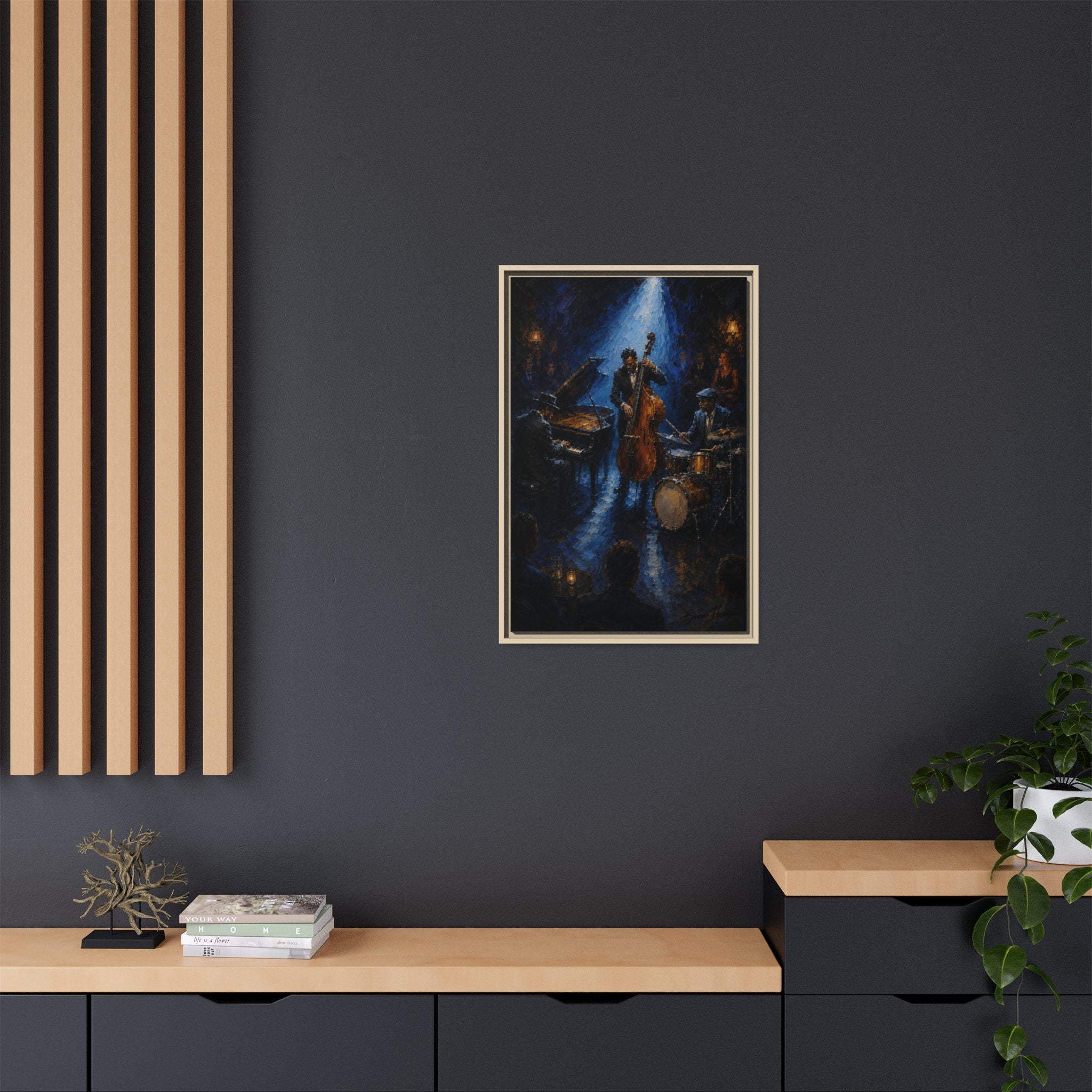 Framed Jazz Quartet Canvas Wall Art – Moody Blue Music Scene
