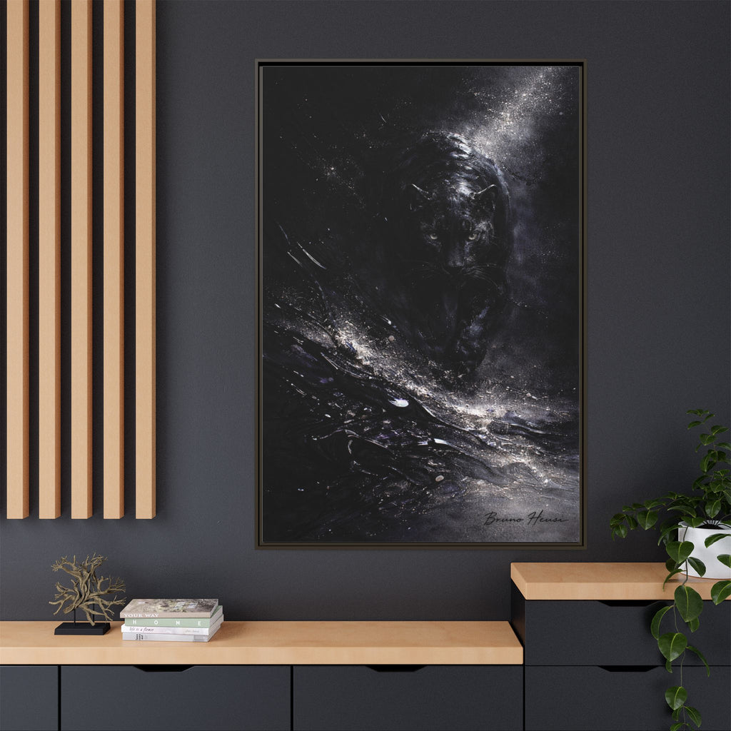 Cosmic Black Panther Matte Framed Canvas – Dark Abstract Wildlife Wall Art