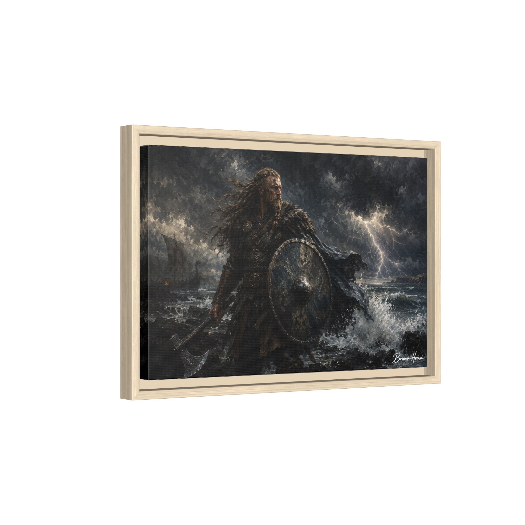 Viking Warrior Matte Framed Canvas Print — Stormy Norse Shield and Axe Wall Art