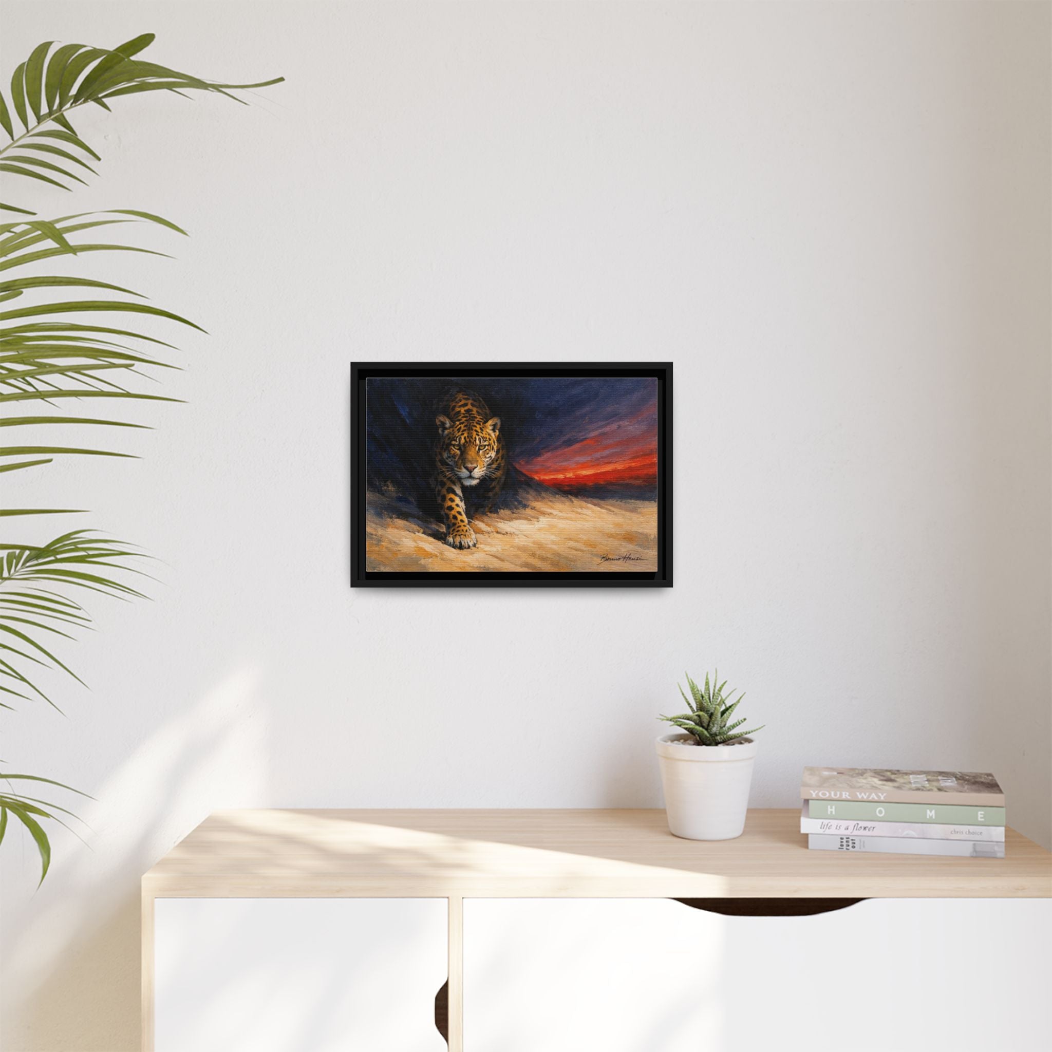 Framed Jaguar Canvas Art – Majestic Big Cat Painting with Sunset Sky
