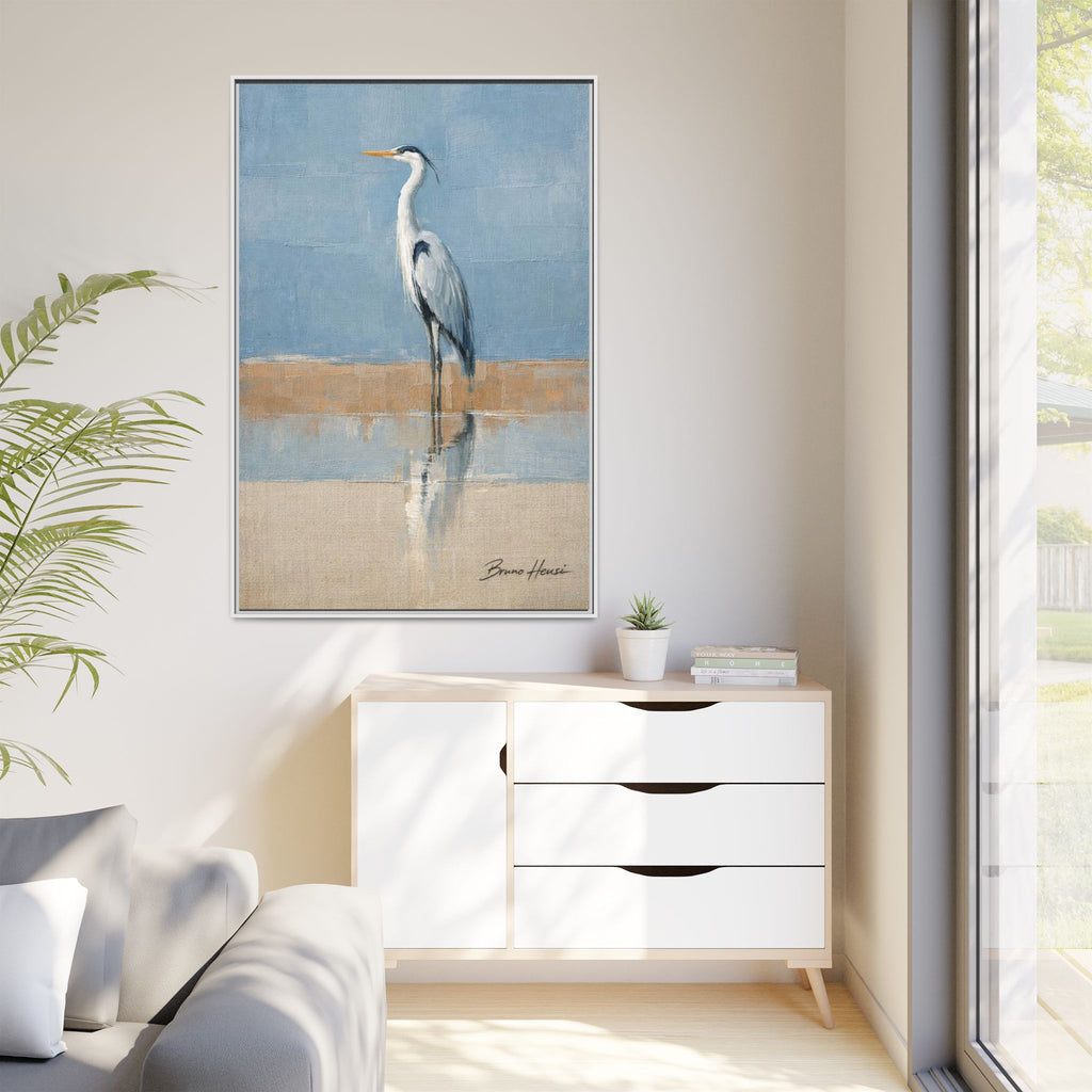 Framed Heron Canvas Art – Coastal Shorebird Wall Decor