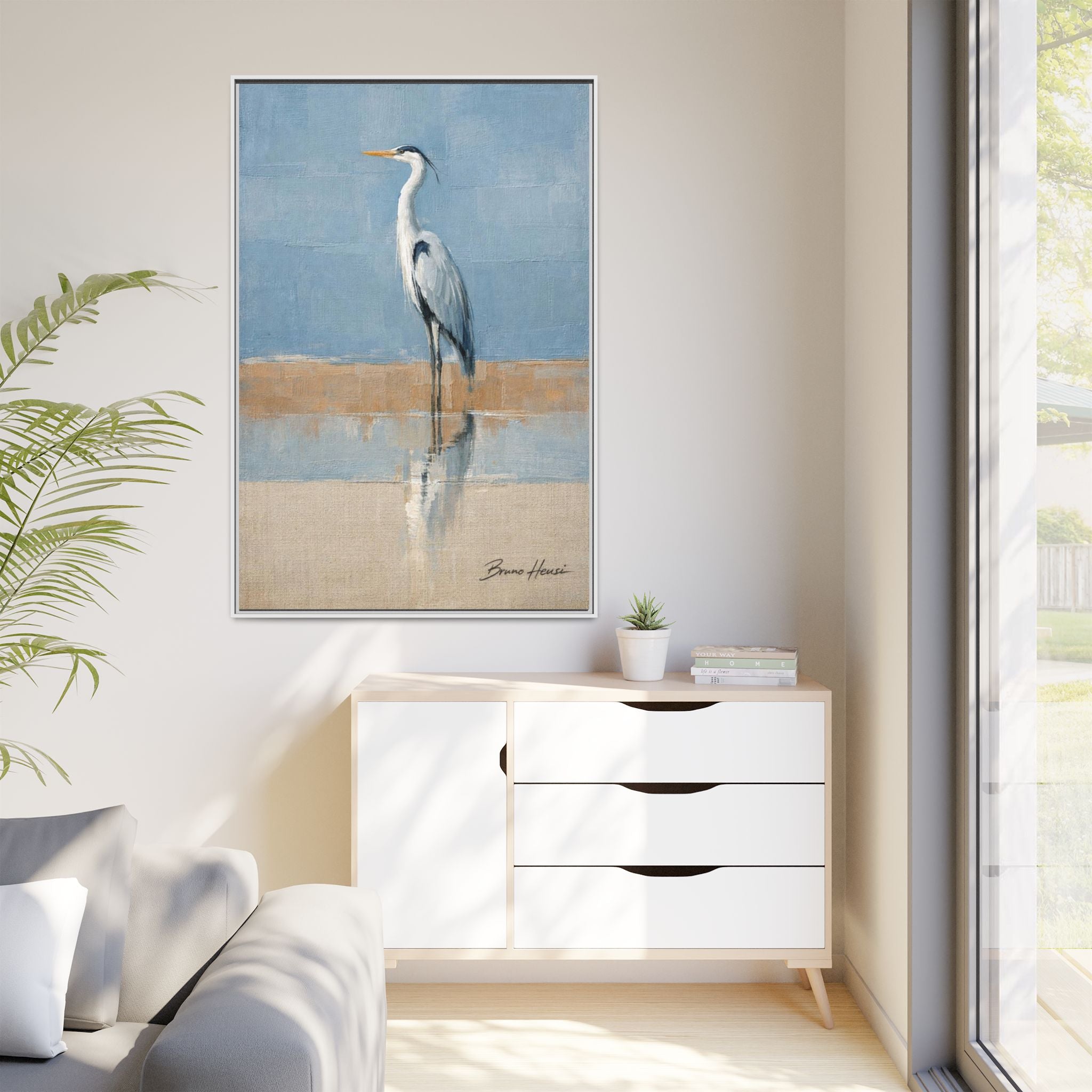 Framed Heron Canvas Art – Coastal Shorebird Wall Decor