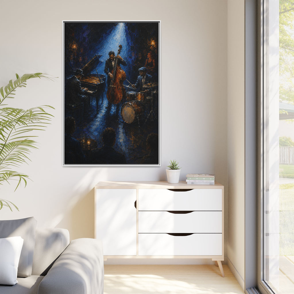 Framed Jazz Quartet Canvas Wall Art – Moody Blue Music Scene