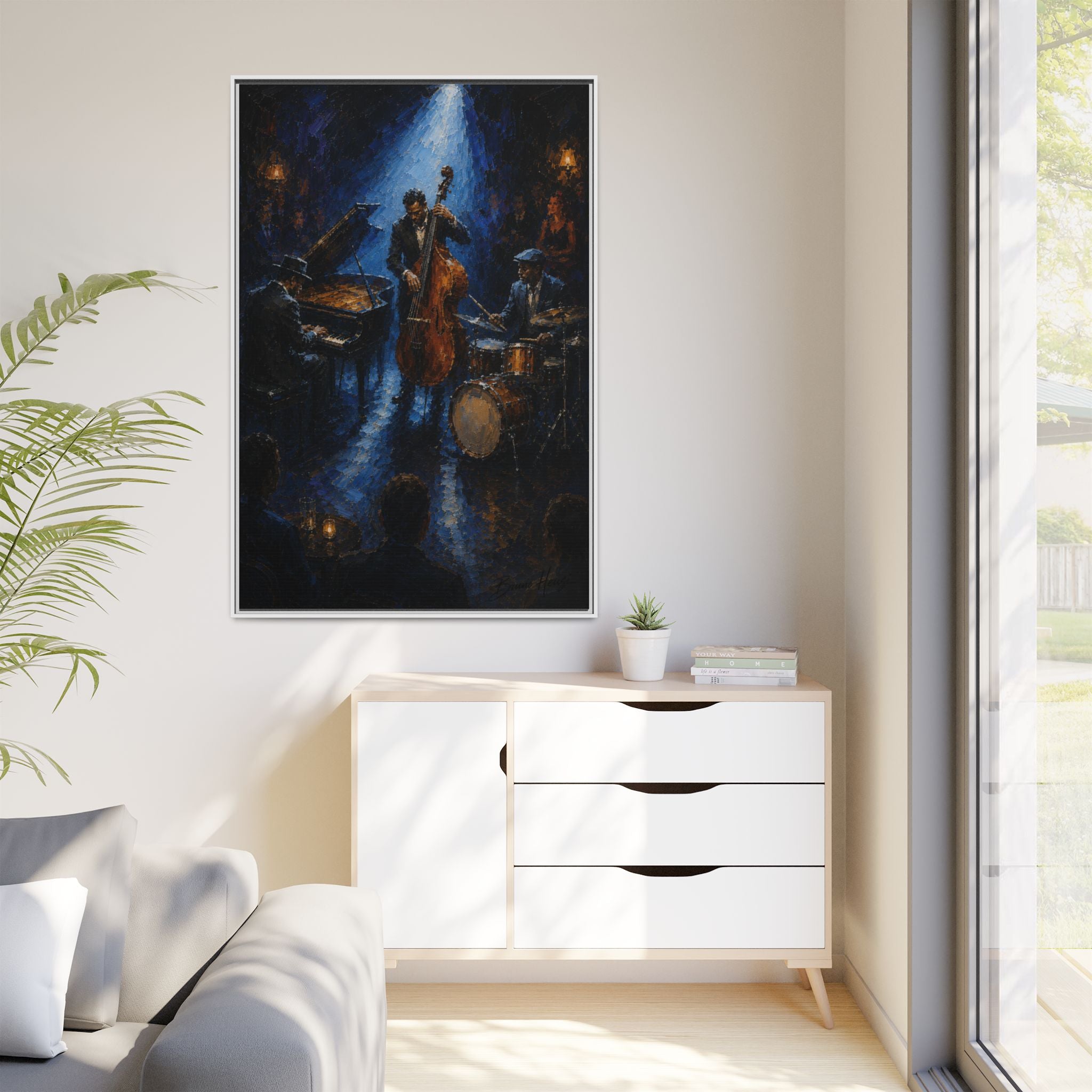 Framed Jazz Quartet Canvas Wall Art – Moody Blue Music Scene