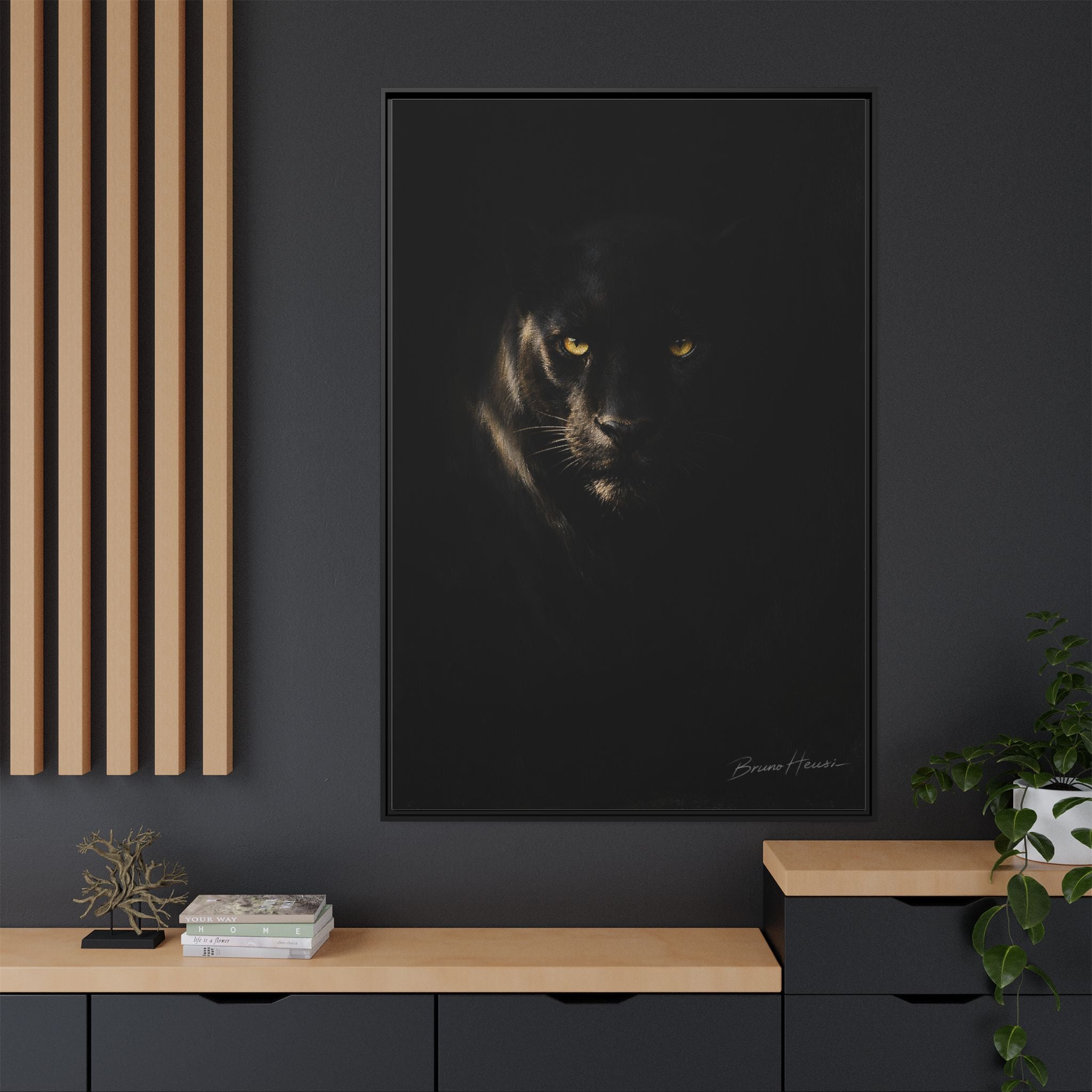 Framed Matte Canvas - Black Panther Wall Art with Golden Eyes