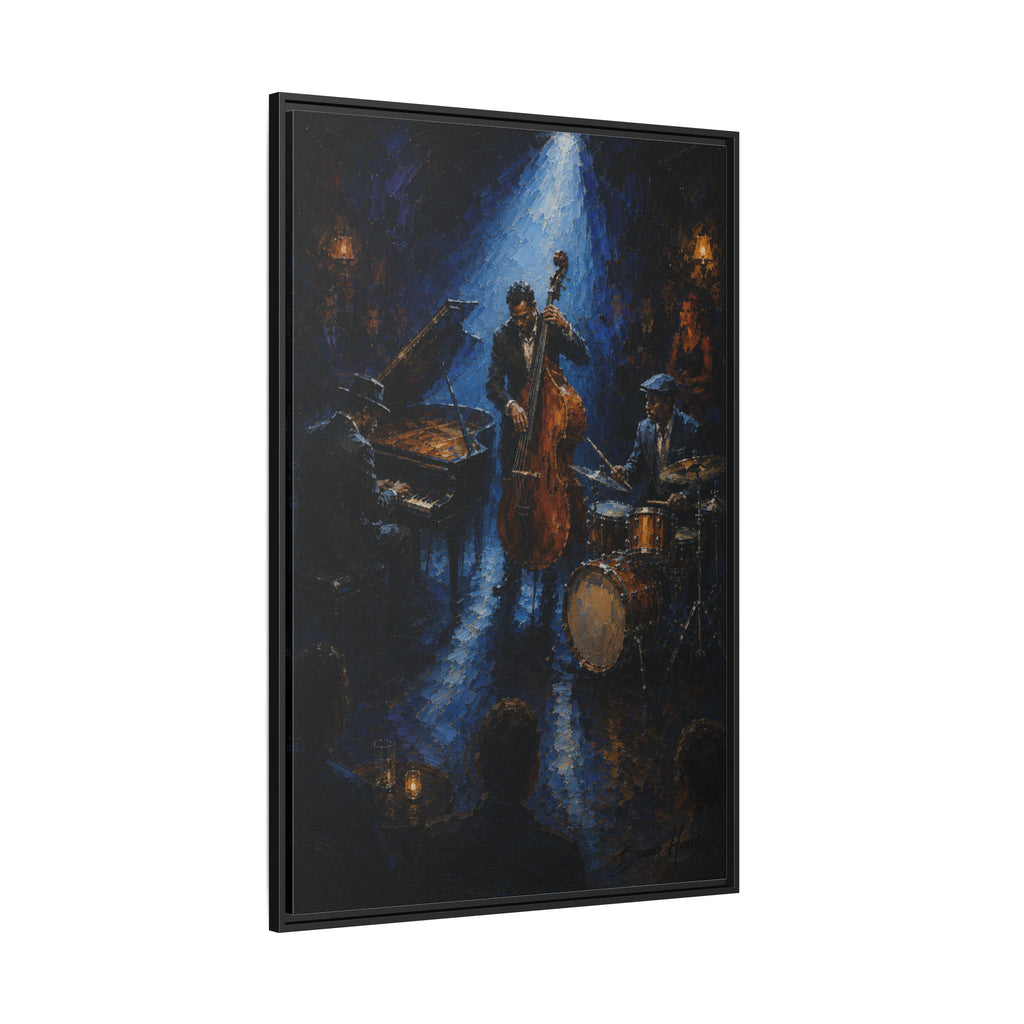Framed Jazz Quartet Canvas Wall Art – Moody Blue Music Scene