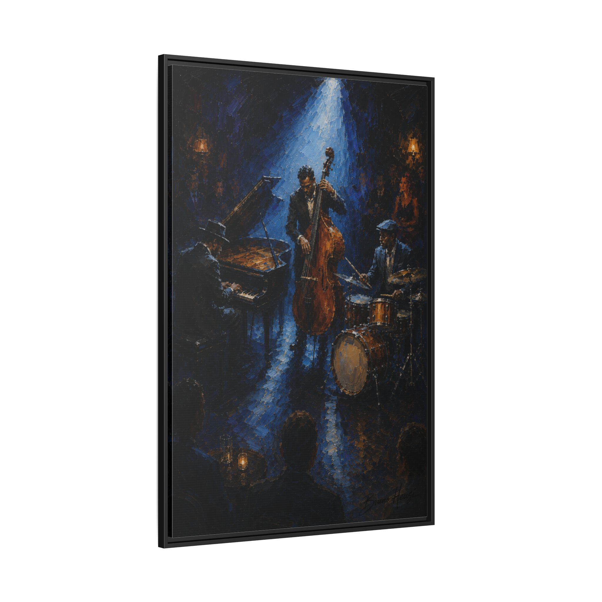 Framed Jazz Quartet Canvas Wall Art – Moody Blue Music Scene