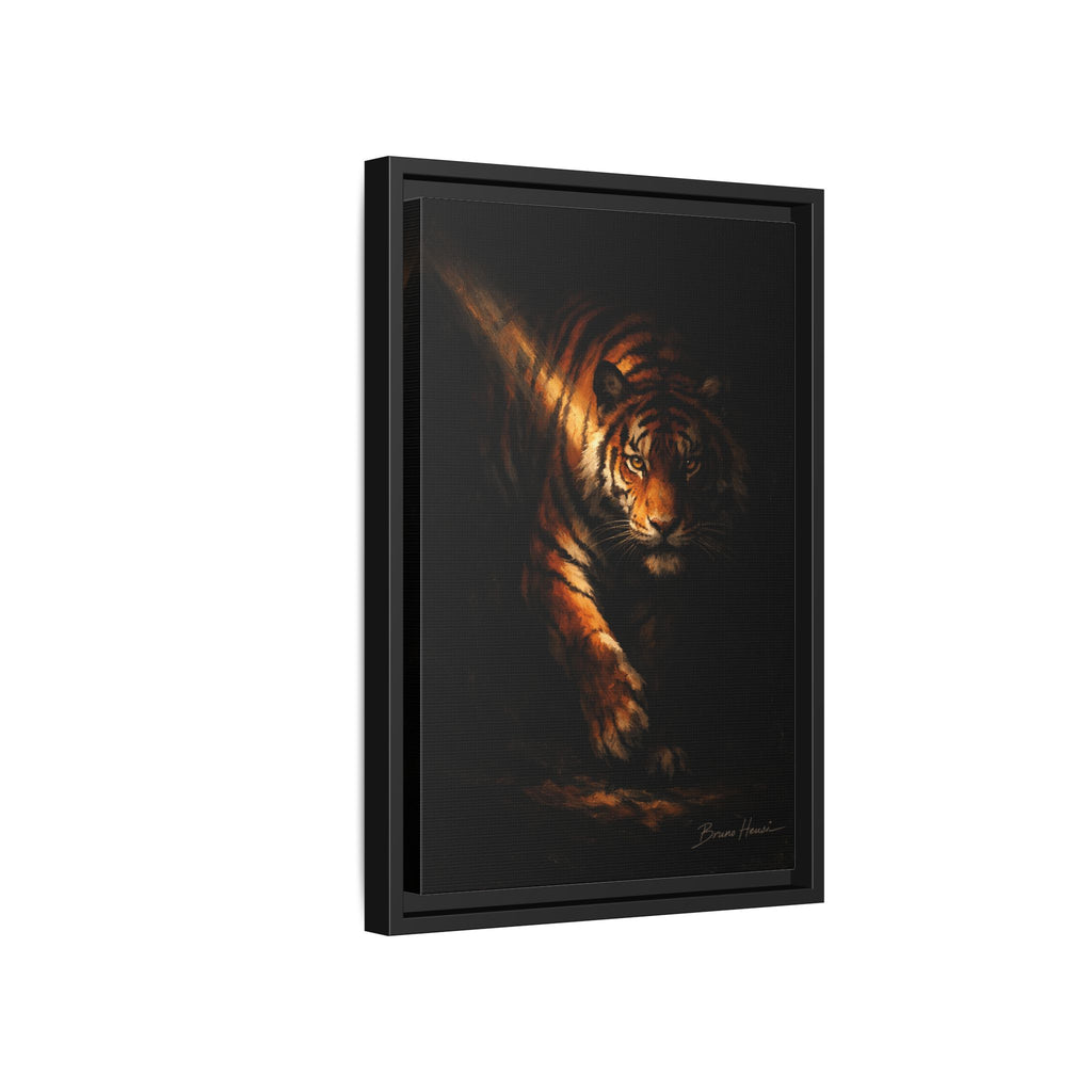 Tiger in the Shadows Matte Framed Canvas Print — Dramatic Wildlife Wall Art