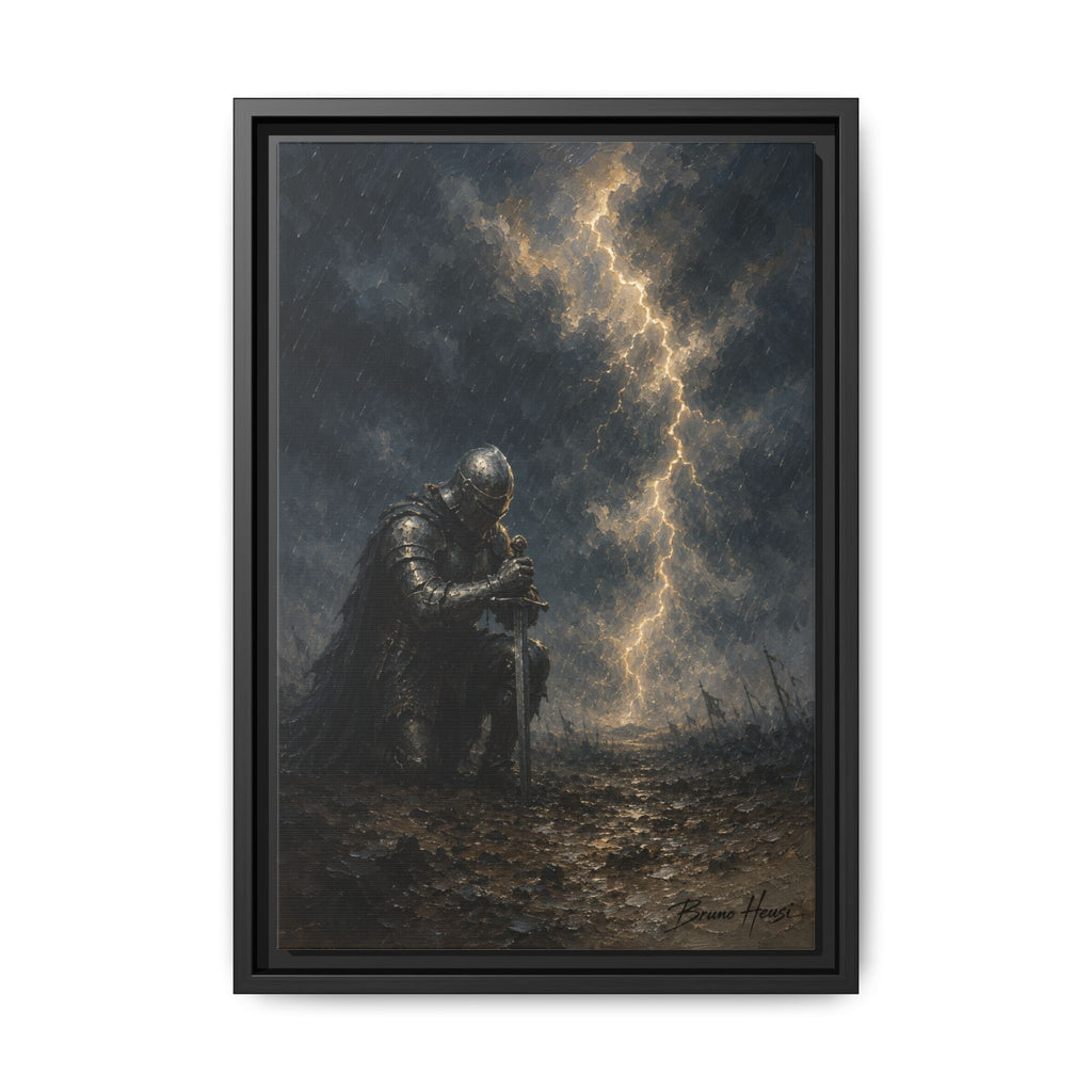 Knight in Thunderstorm Matte Framed Canvas — Dark Fantasy Wall Art