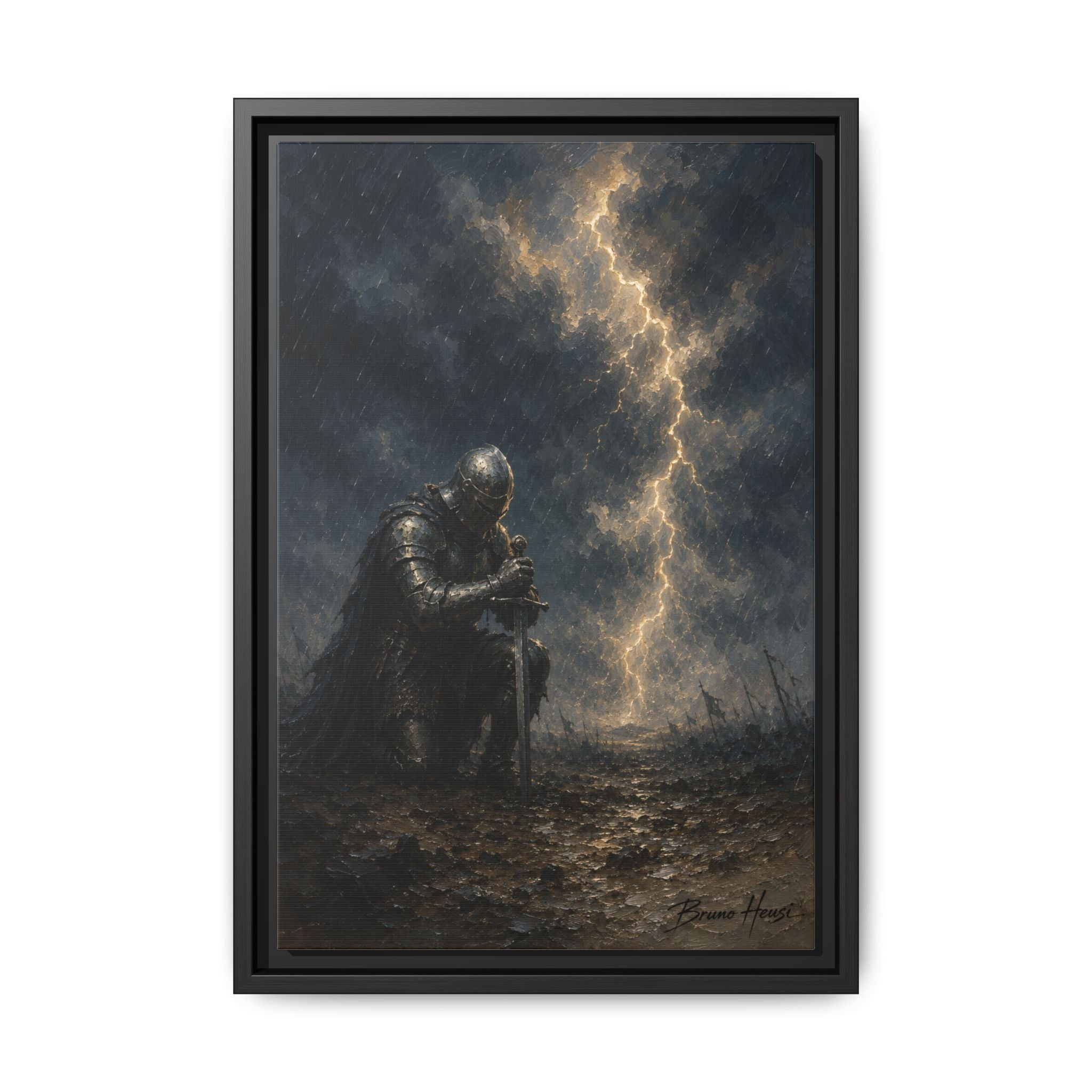 Knight in Thunderstorm Matte Framed Canvas — Dark Fantasy Wall Art