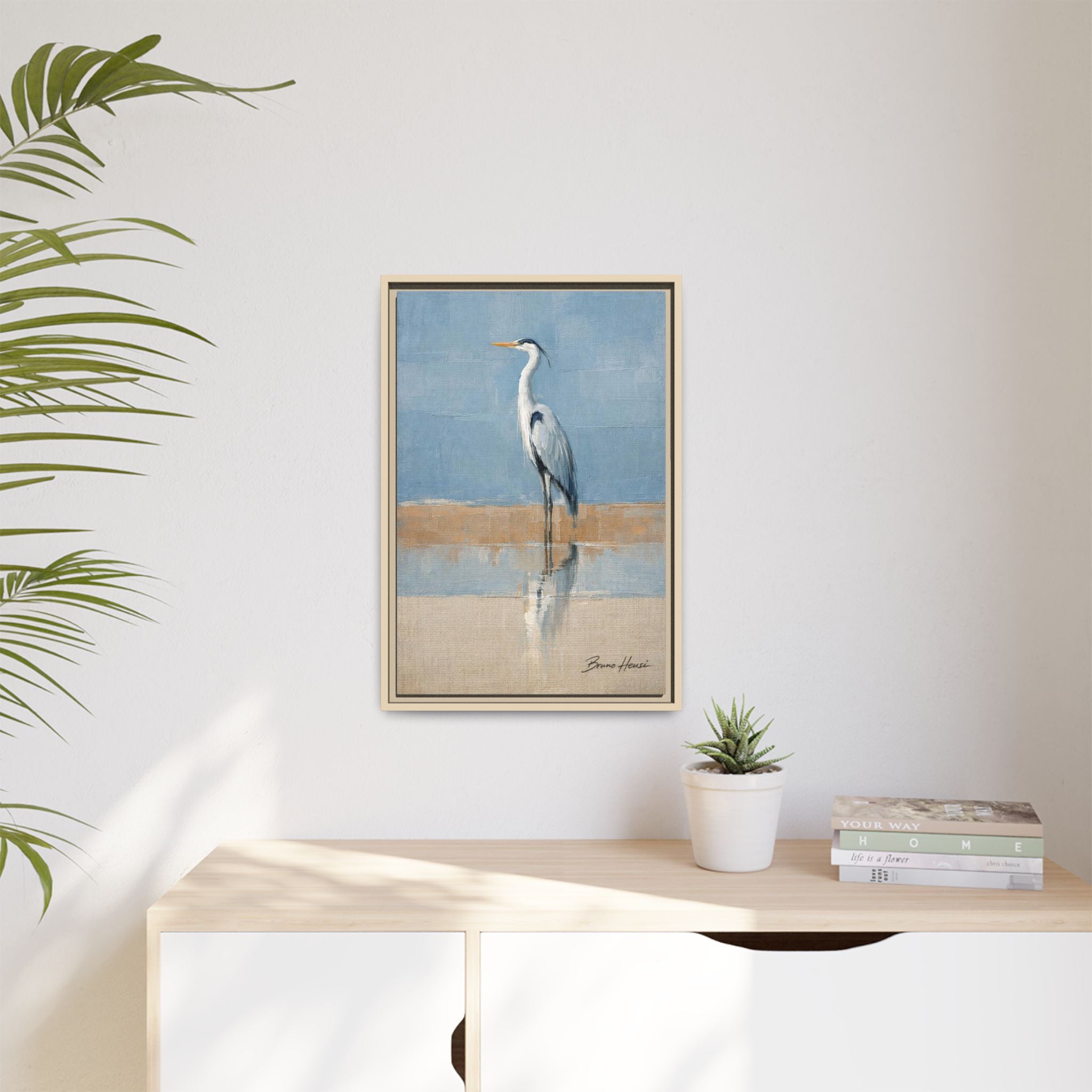 Framed Heron Canvas Art – Coastal Shorebird Wall Decor
