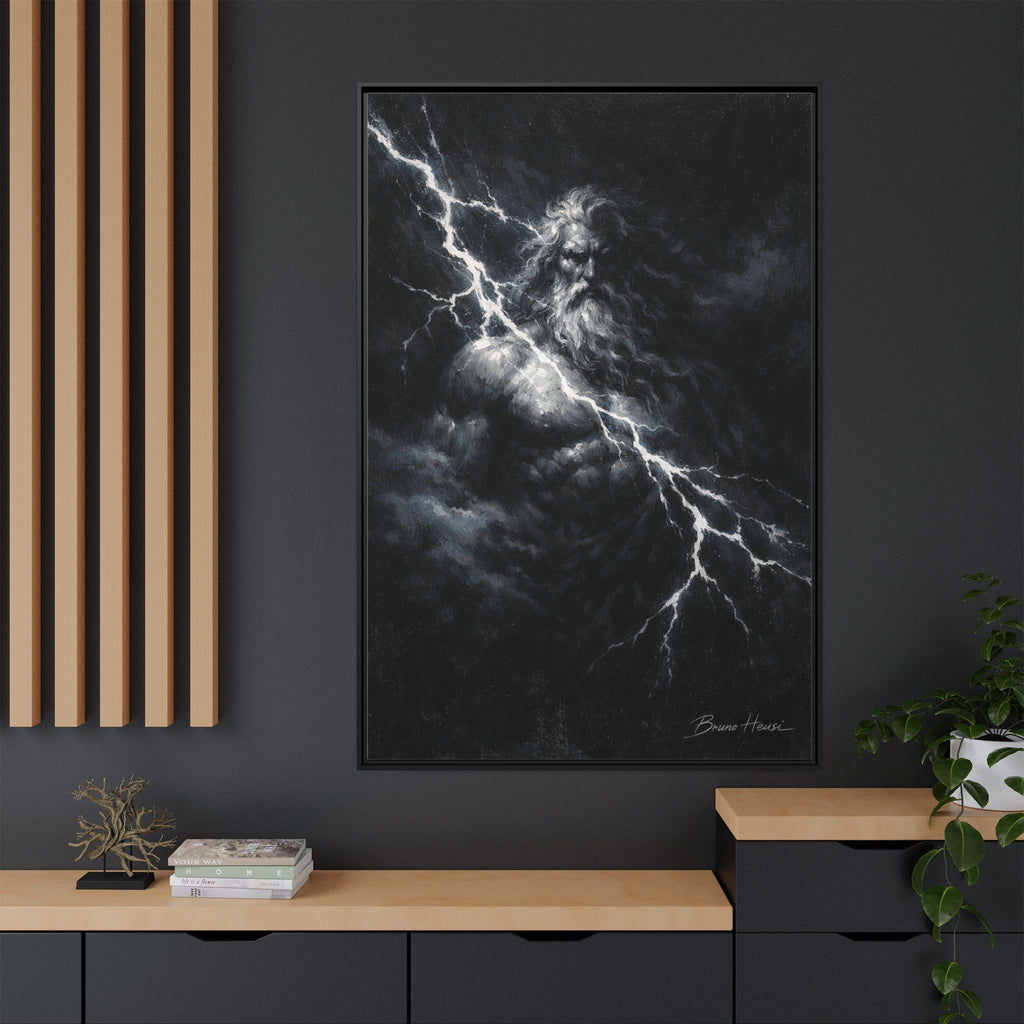 Zeus Lightning God Framed Canvas Wall Art — Stormy Mythology Print