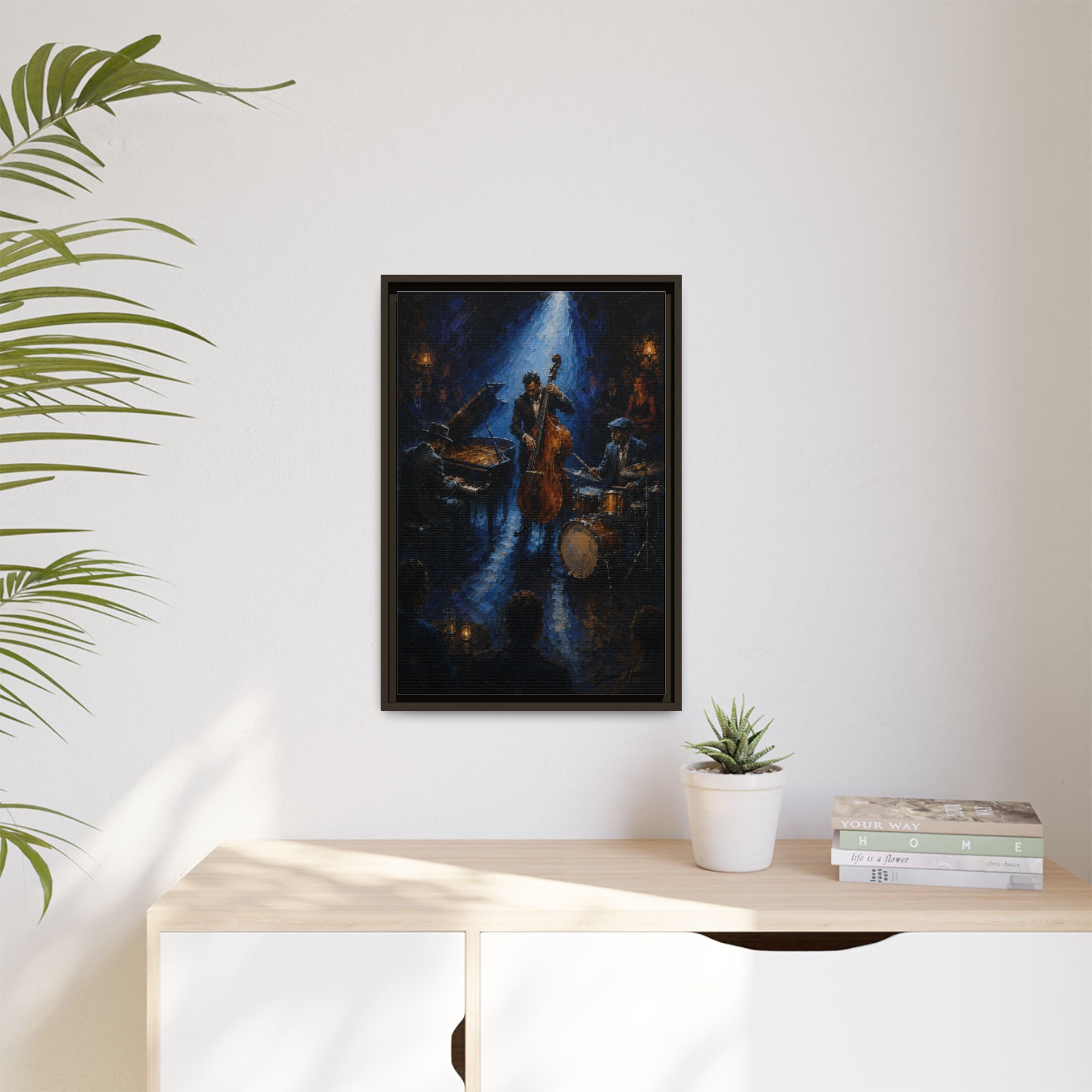Framed Jazz Quartet Canvas Wall Art – Moody Blue Music Scene